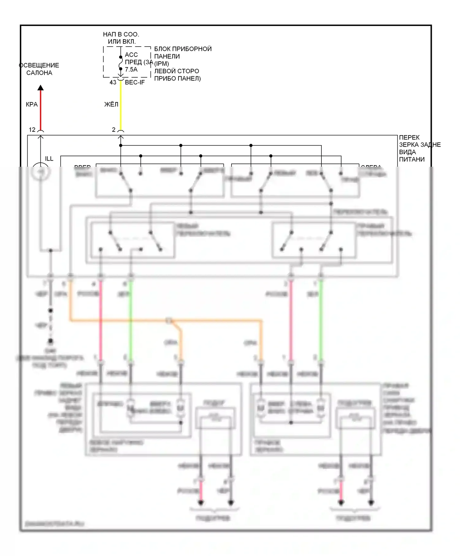 Sedona Kia II (2005-2010): Электросхема силового зеркала 