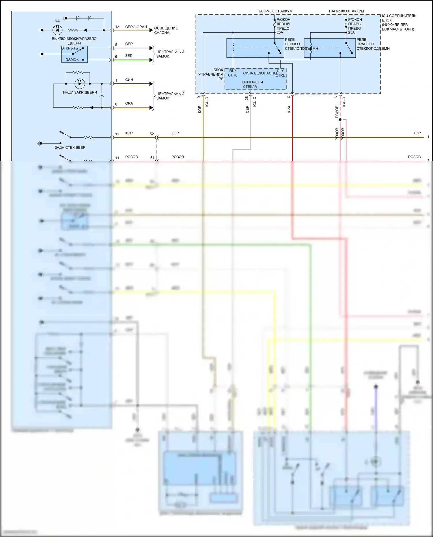 Seltos Kia I рестайлинг (2022-2024): Электросхема стеклоподъемников, с стёклами автоматического включения/выключения и безопасности (1 из 2) 