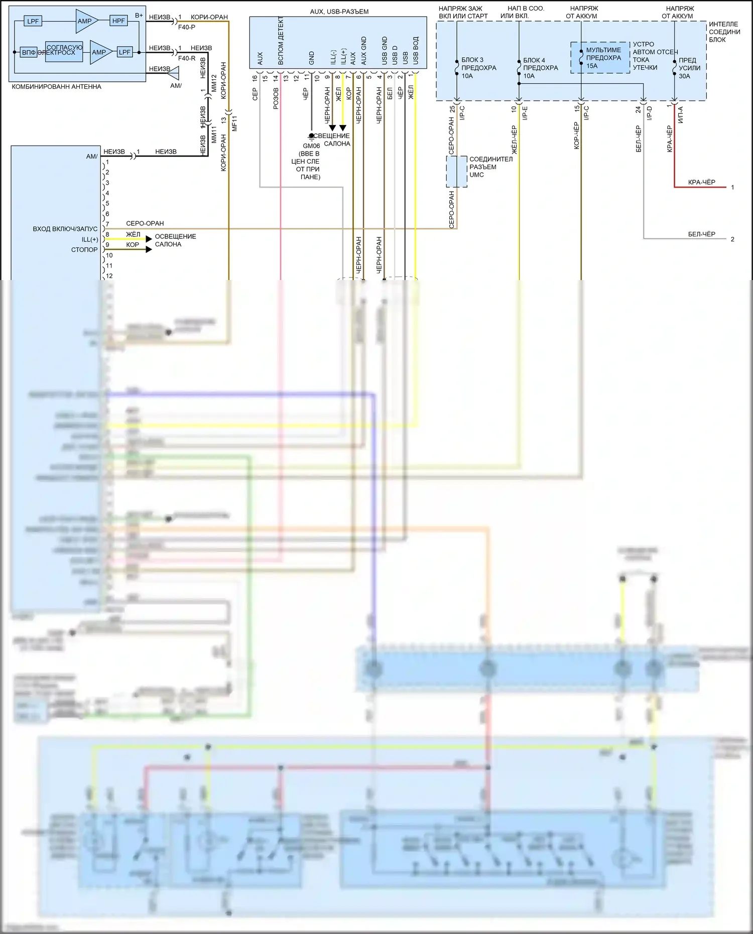 Sorento Prime Kia III (2014-2017): Электросхема радиопровода, без навигации, без уво, с усилителем (1 из 2) 