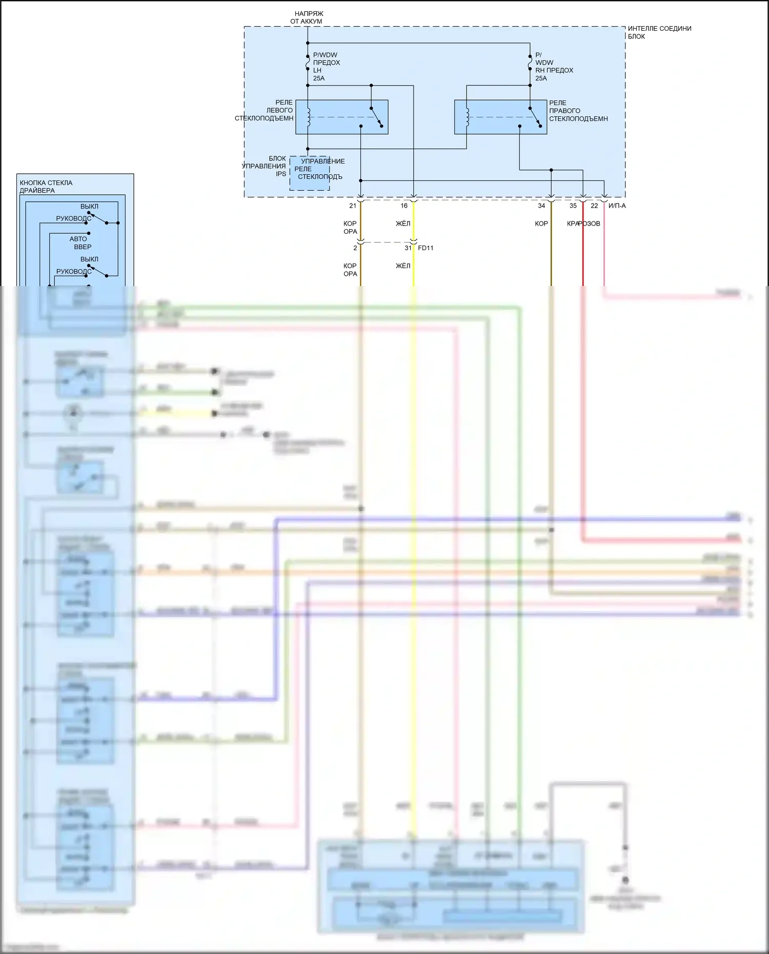 Sorento Prime Kia III (2014-2017): Электросхема стеклоподъемников, без памяти (1 из 2) 