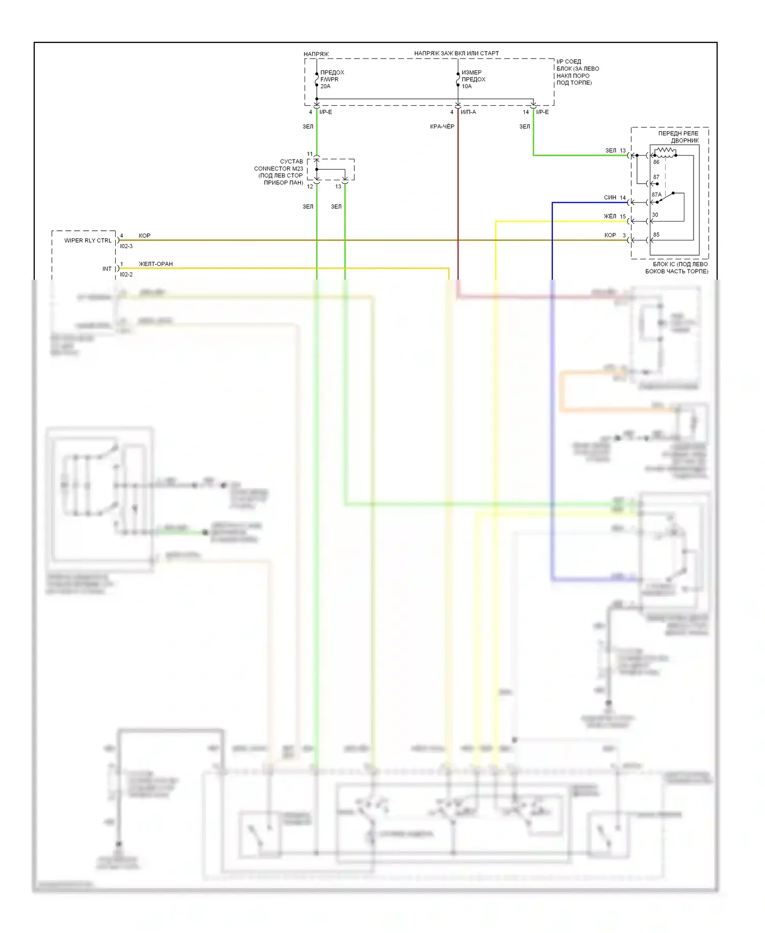 Sorento Kia I рестайлинг (2006-2011): Электросхема передних дворников и омывателей 