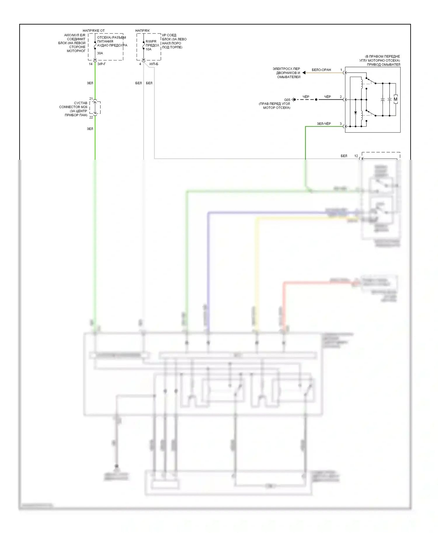 Sorento Kia I рестайлинг (2006-2011): Электросхема задних дворников и омывателей 