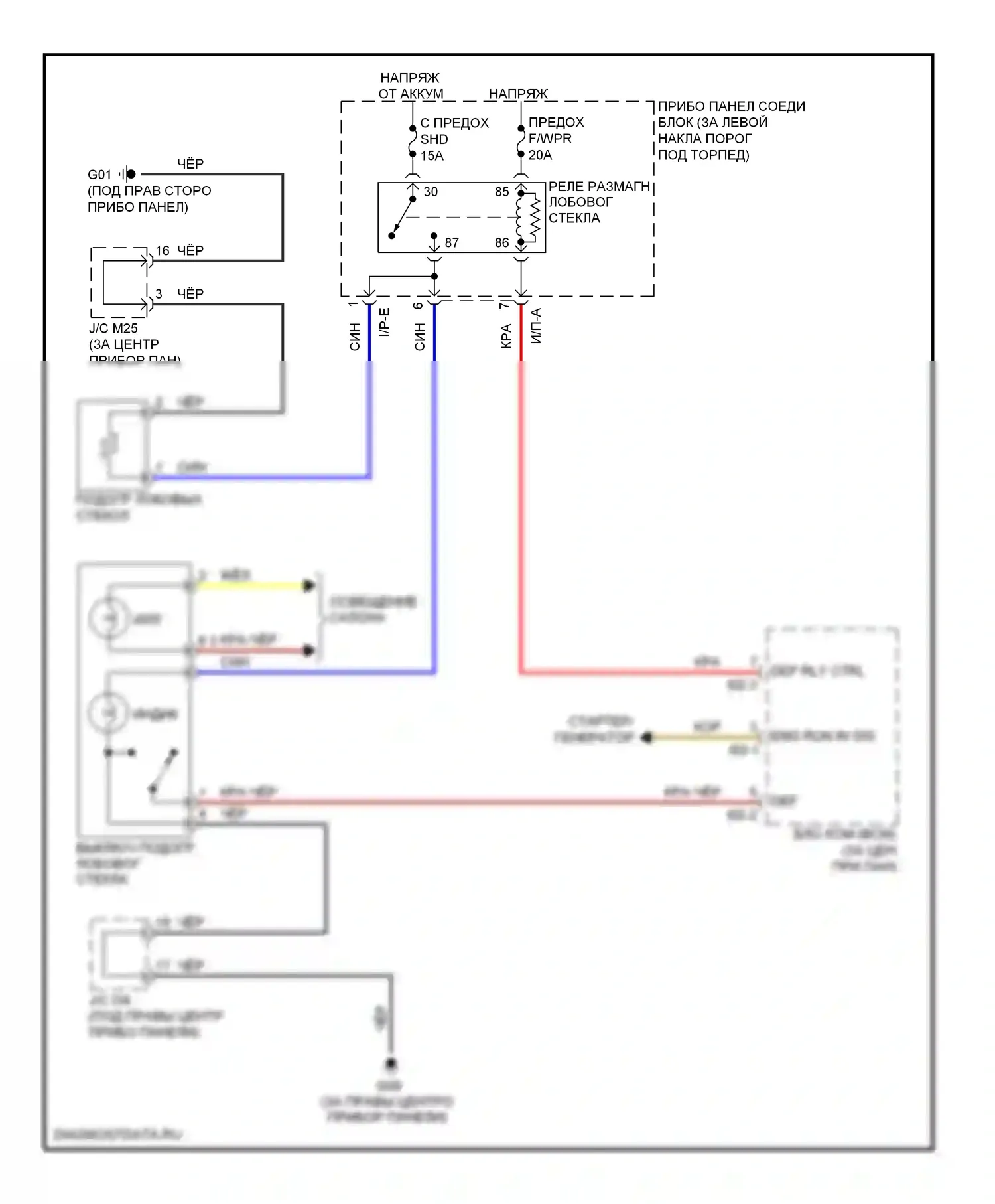 Sorento Kia I рестайлинг (2006-2011): Электросхема обогреваемого лобового стекла 