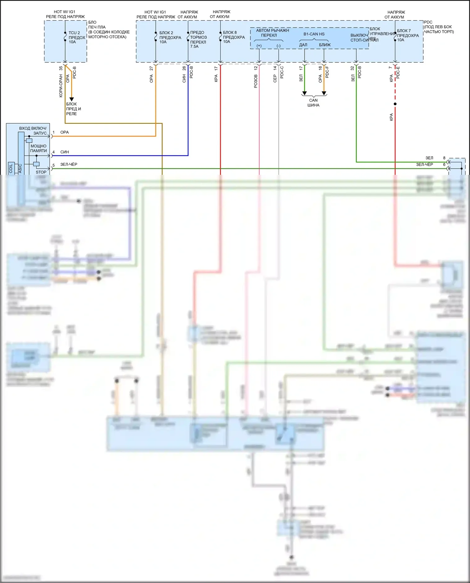 Sorento Kia IV рестайлинг (2023-2024): Электросхема блокировки селектора, кроме гибридной 