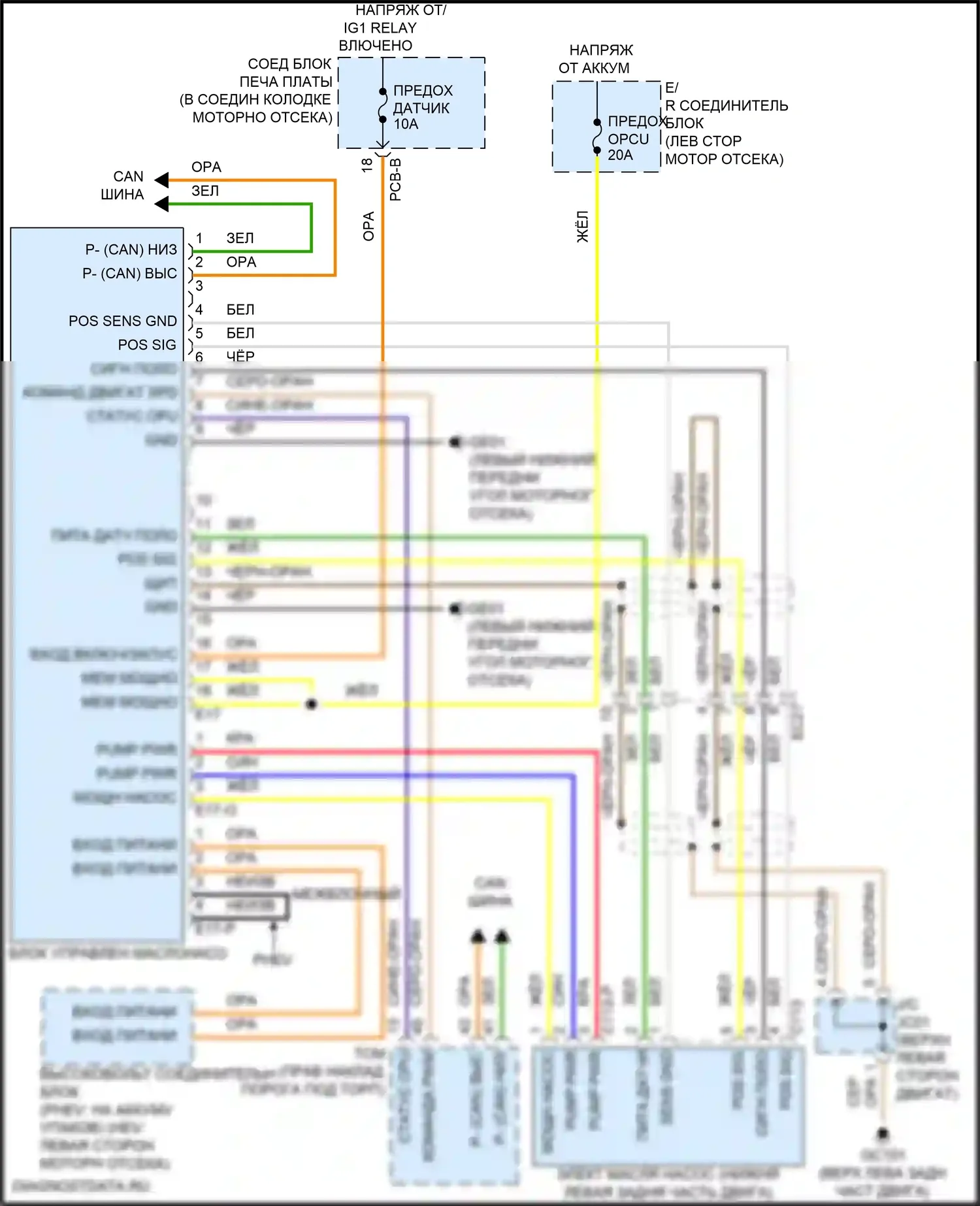 Sorento Kia IV рестайлинг (2023-2024): Электросхема двигатель 1.6л турбо гибрид, электросхема электропроводки масляного насоса 