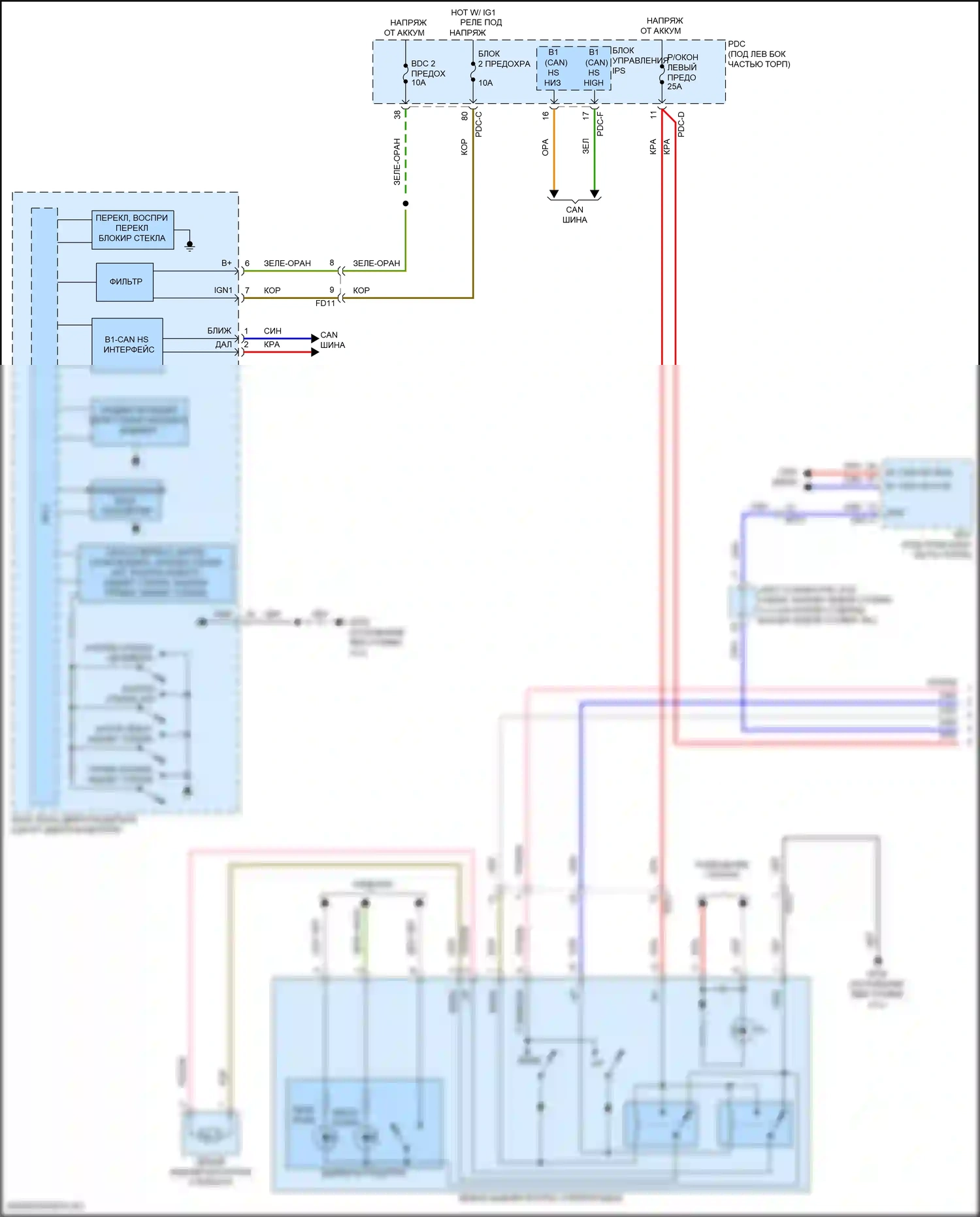 Sorento Kia IV рестайлинг (2023-2024): Электросхема стеклоподъемников, за исключением гибридного с автоматическим включением/выключением водителя и стеклоподъемниками безопасности (1 из 2) 