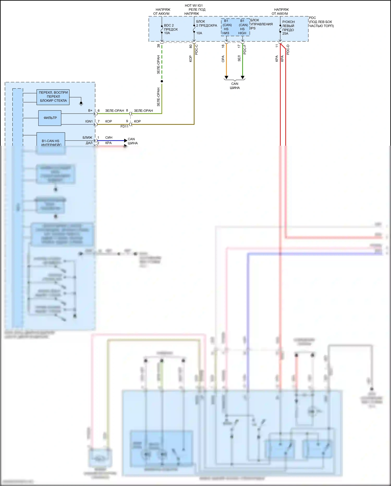 Sorento Kia IV рестайлинг (2023-2024): Электросхема стеклоподъемников, за исключением гибридного с фронтальным авто вверх/вниз и стеклоподъемниками безопасности (1 из 3) 