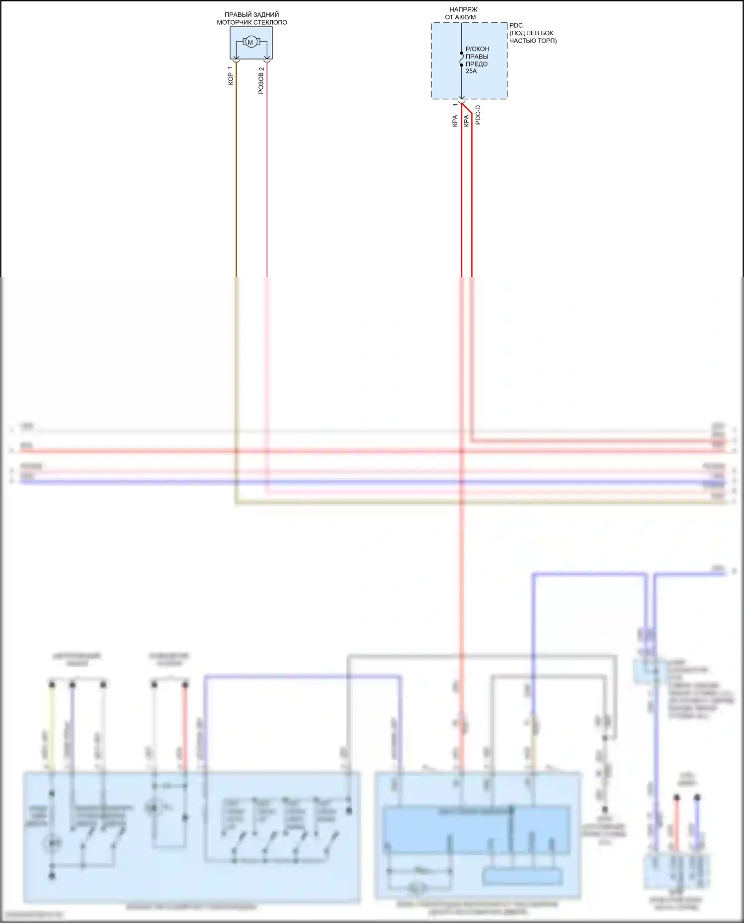 Sorento Kia IV рестайлинг (2023-2024): Электросхема стеклоподъемников, за исключением гибридного с фронтальным авто вверх/вниз и стеклоподъемниками безопасности (2 из 3) 