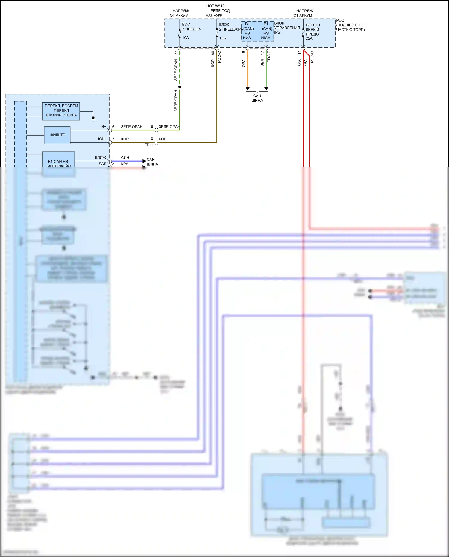 Sorento Kia IV рестайлинг (2023-2024): Электросхема стеклоподъемников, за исключением гибридного с передним и задним авто вверх/вниз и стеклоподъемниками безопасности (1 из 3) 
