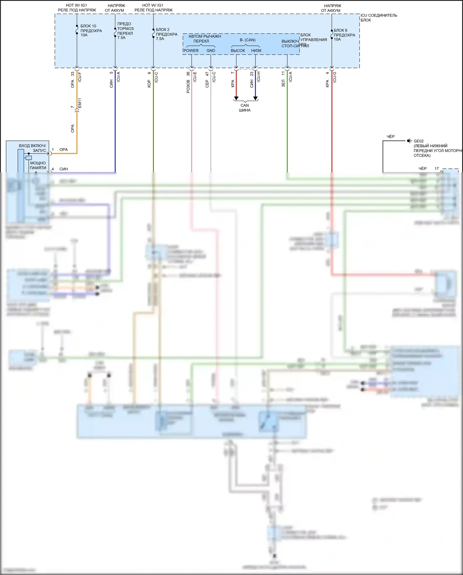 Sorento Kia IV (2020-2024): Электросхема блокировки селектора, кроме гибридной 