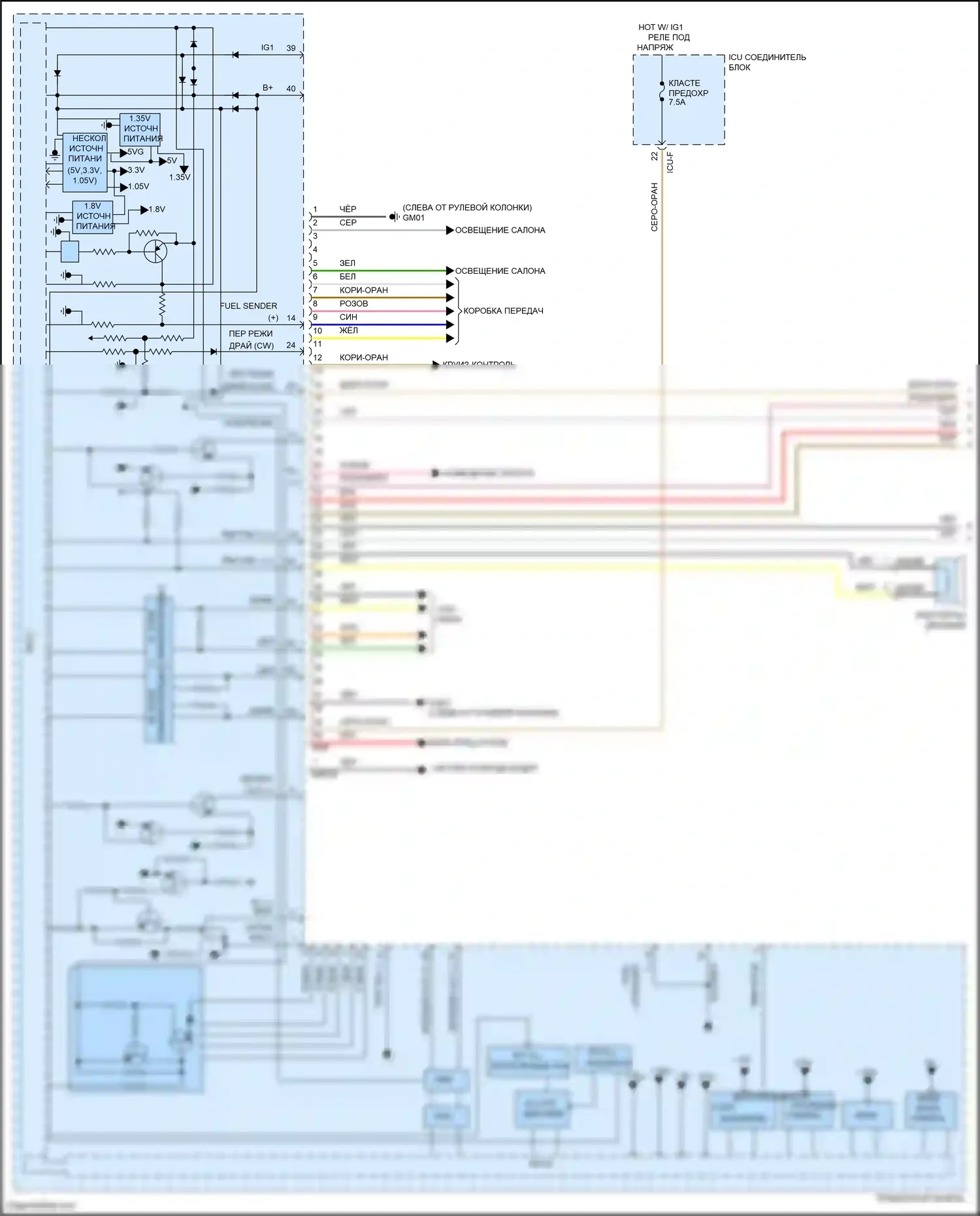 Sorento Kia IV (2020-2024): Электросхема приборной панели, за исключением гибридной с 12,3-дюймовым жк-дисплеем (1 из 3) 