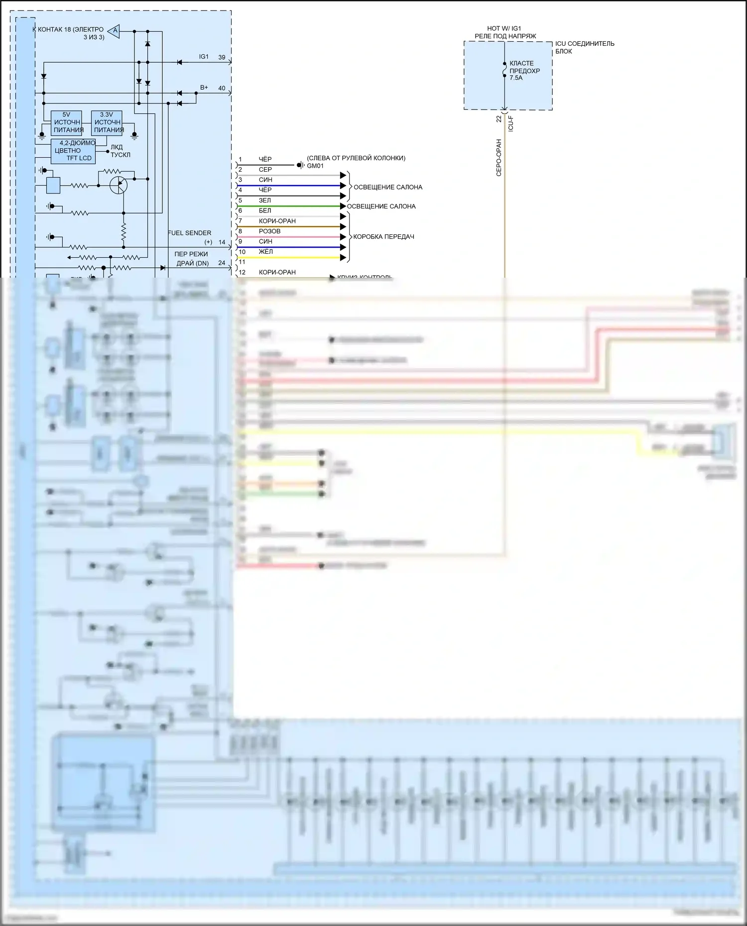 Sorento Kia IV (2020-2024): Электросхема приборной панели, за исключением гибридной с 4,2-дюймовым жк-экраном (1 из 3) 