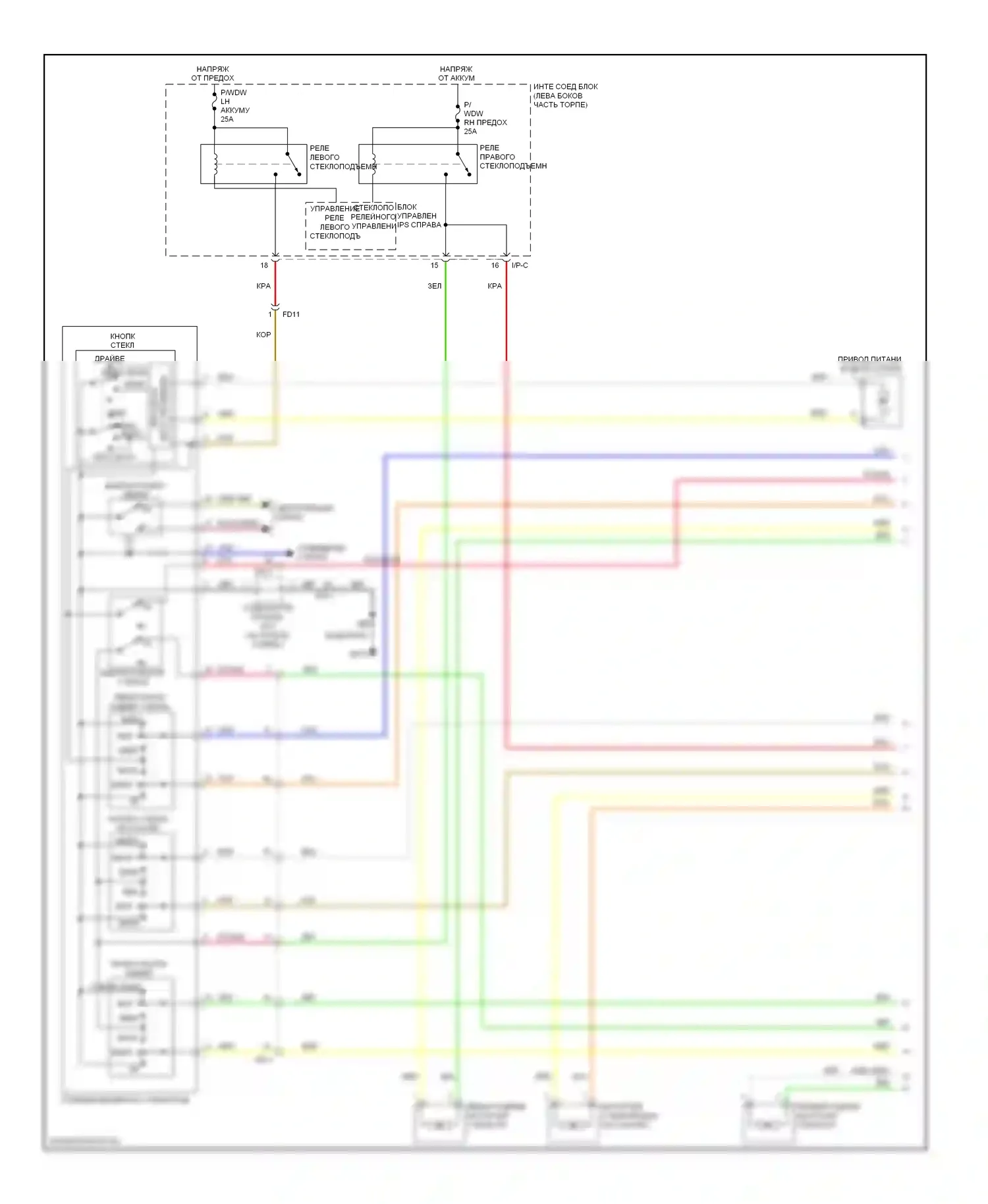 Soul Kia II (2013-2016): Электросхема стеклоподъемников, без автоматического включения/выключения стеклоподъемника (1 из 2) 