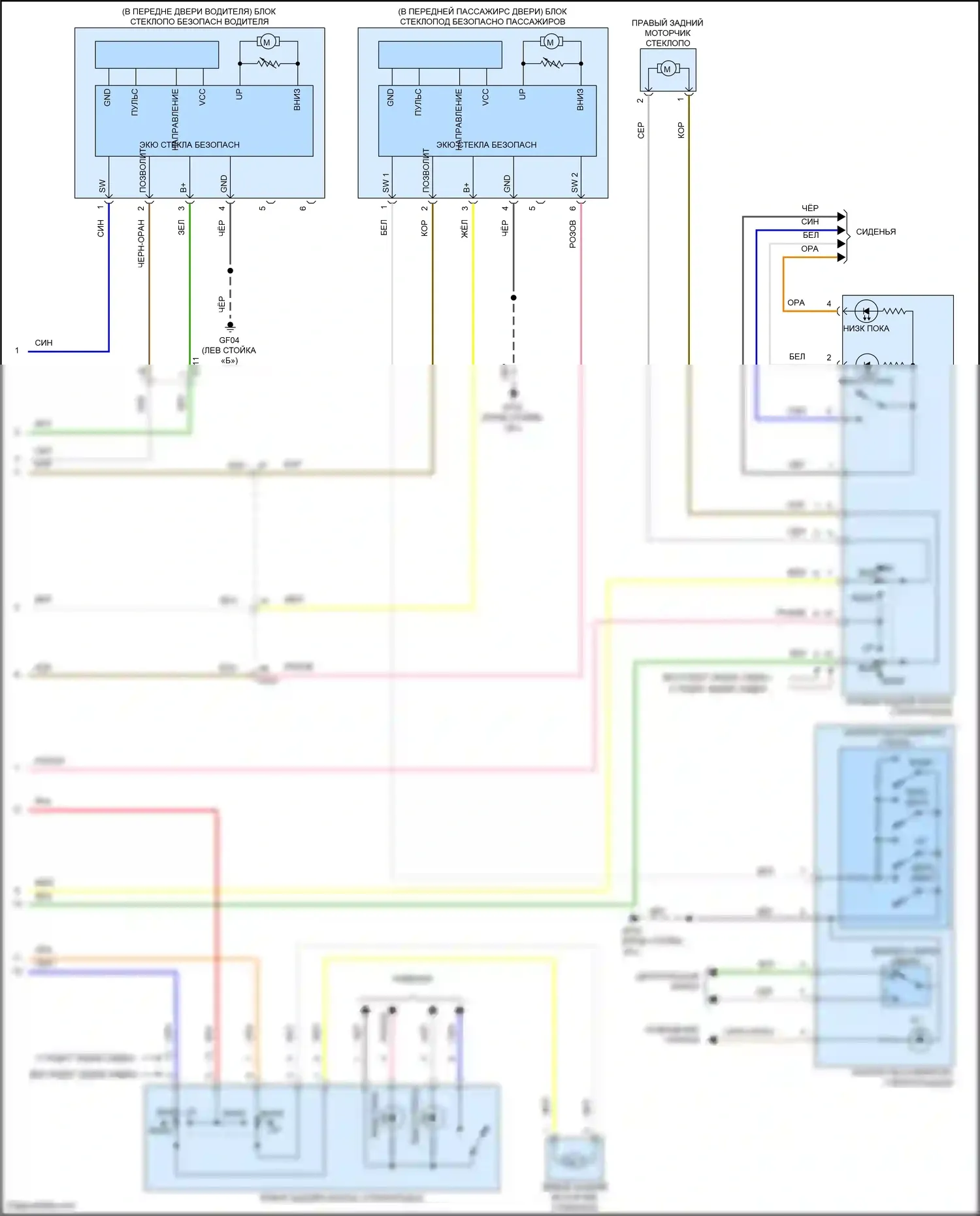 Soul Kia III рестайлинг (2022-2024): Электросхема стеклоподъемников, с фронтальным авто вверх/вниз и стеклоподъемниками безопасности (2 из 2) 