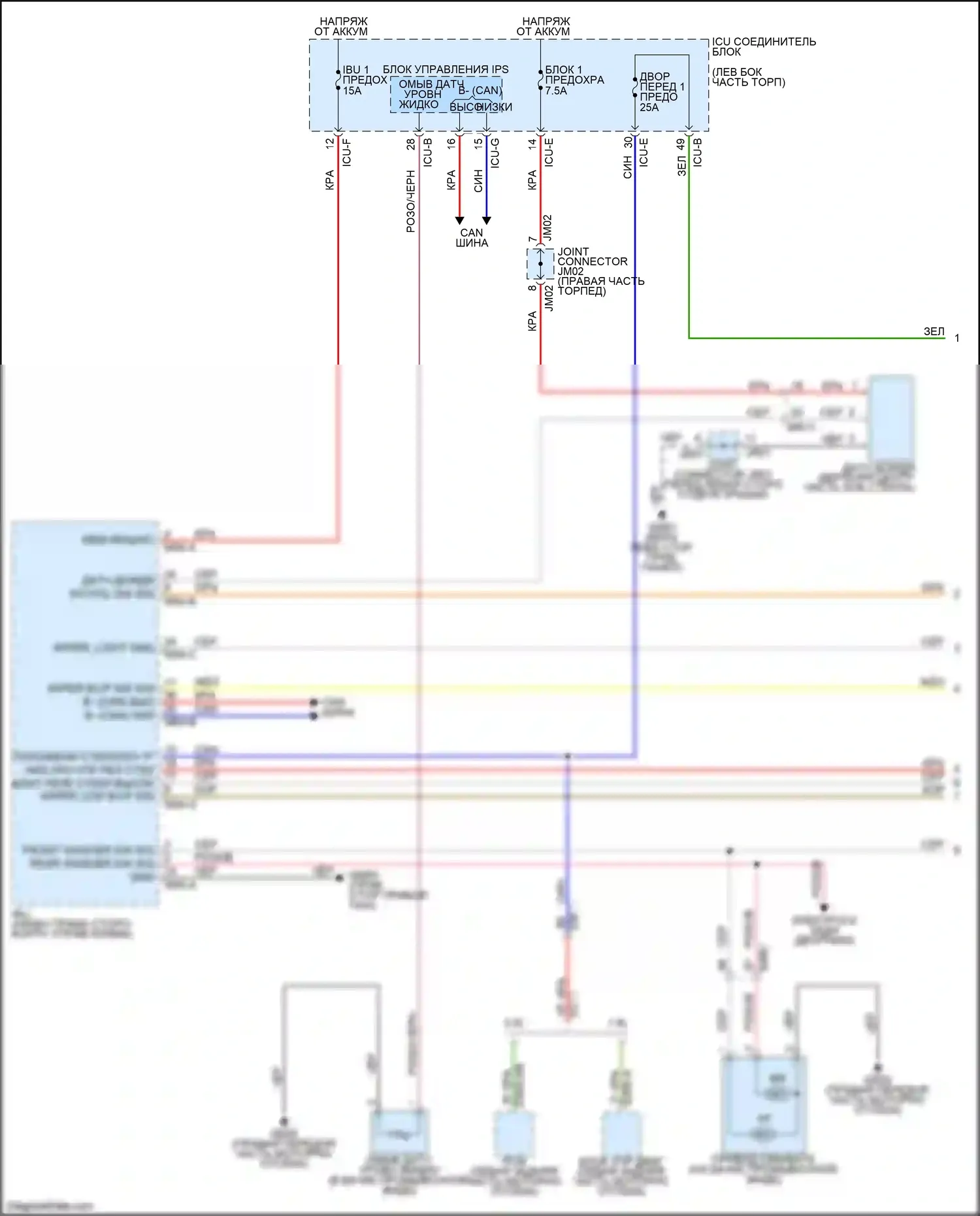 Soul Kia III (2019-2024): Электросхема передних дворников и омывателей (1 из 2) 