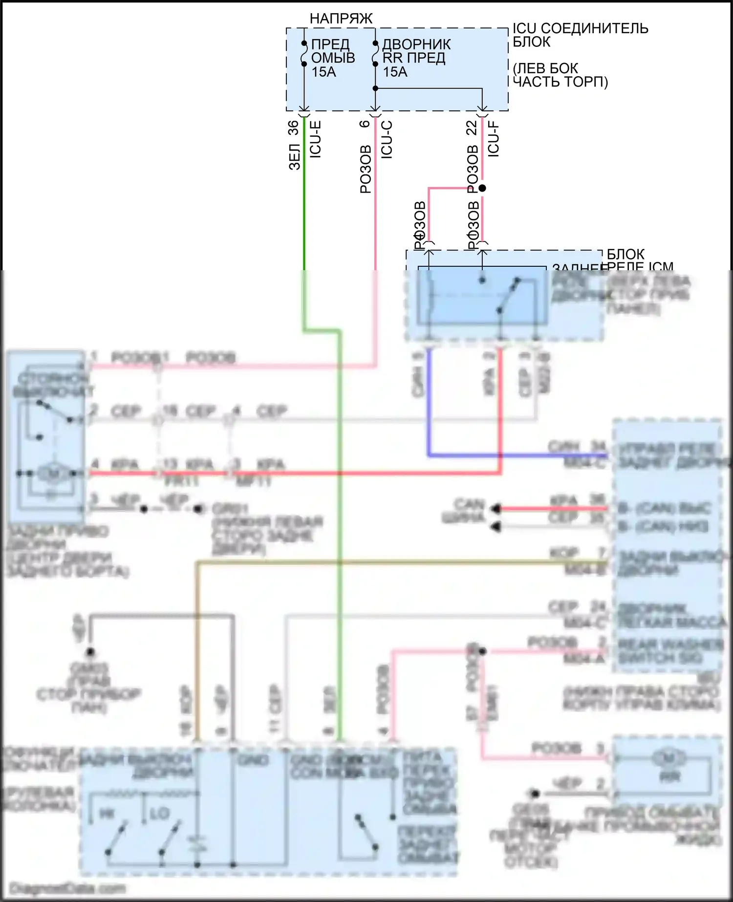 Soul Kia III (2019-2024): Электросхема задних дворников и омывателей 