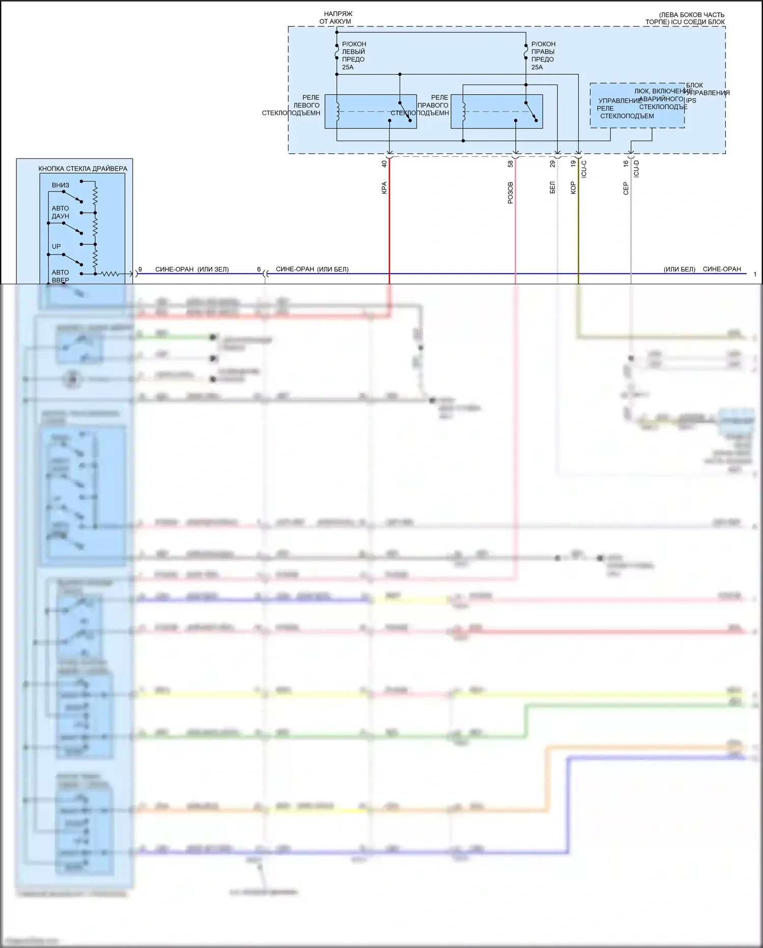 Soul Kia III (2019-2024): Электросхема стеклоподъемников, с фронтальным авто вверх/вниз и стеклоподъемниками безопасности (1 из 2) 