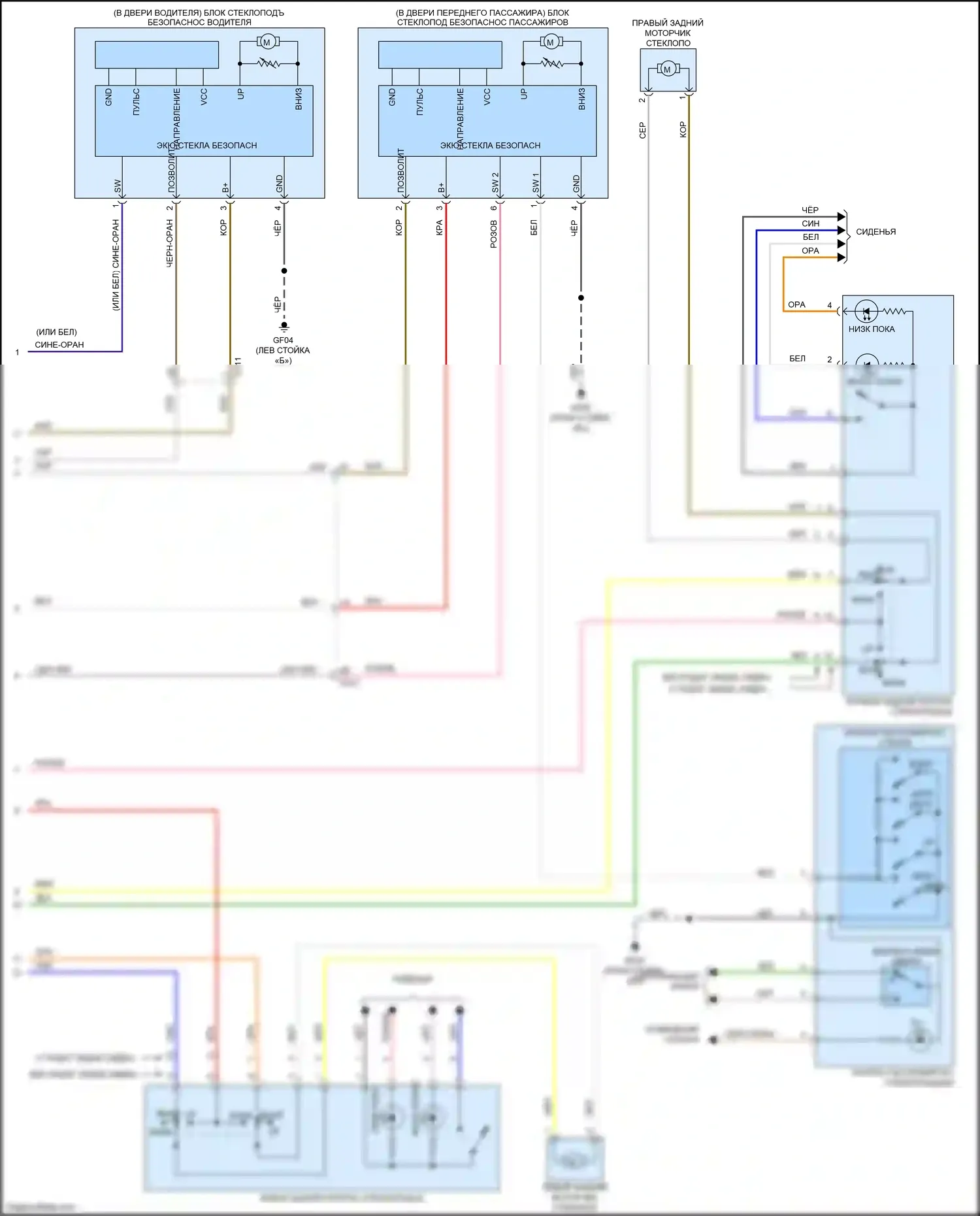 Soul Kia III (2019-2024): Электросхема стеклоподъемников, с фронтальным авто вверх/вниз и стеклоподъемниками безопасности (2 из 2) 