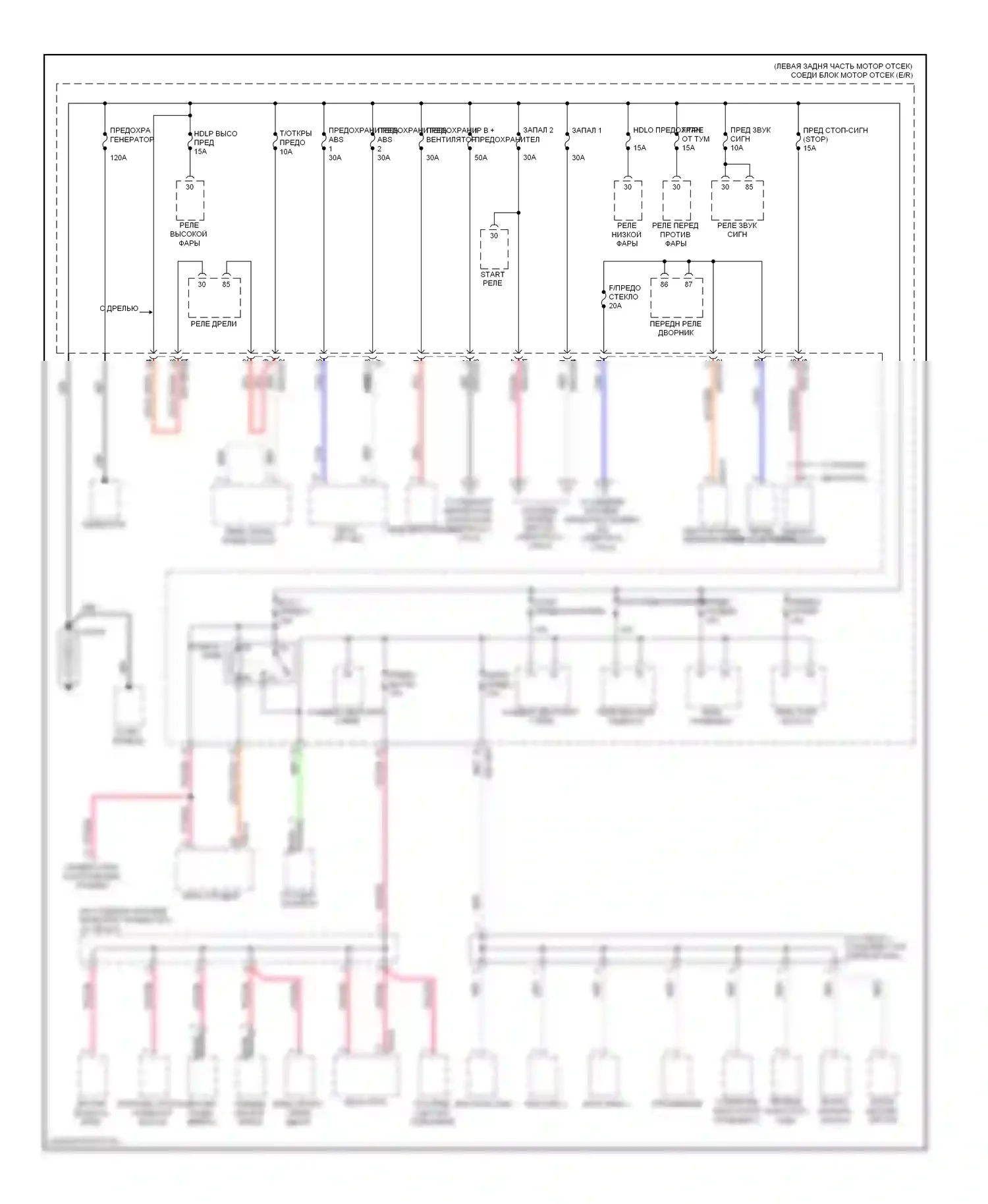 Spectra Kia I рестайлинг 2 (2004-2011): Электросхема блока предохранителей реле (1 из 4) 