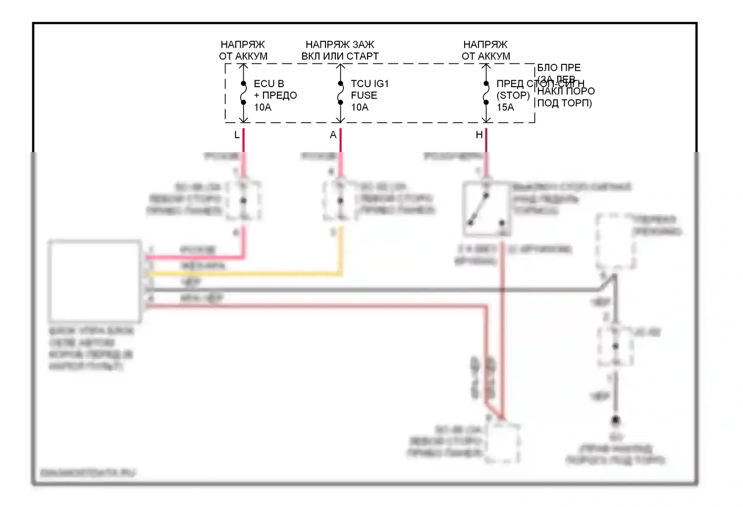 Spectra Kia I рестайлинг (2001-2004): Электросхема блокировки селектора 