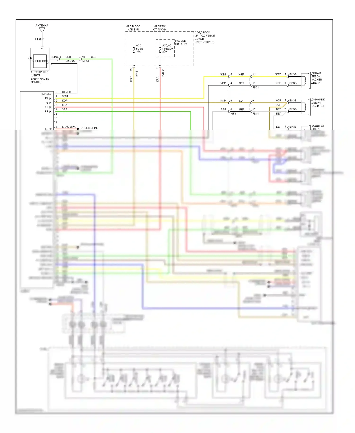 Sportage Kia III (2010-2014): Электросхема аудио платформы, без навигации, без усилителя 