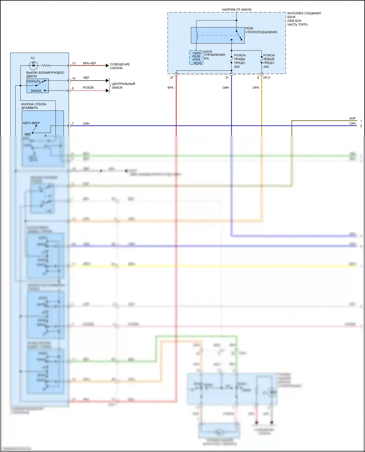 Sportage Kia IV (2015-2018): Электросхема стеклоподъемников, с автоматическим включением/выключением драйвера и стеклоподъемниками безопасности (1 из 2) 
