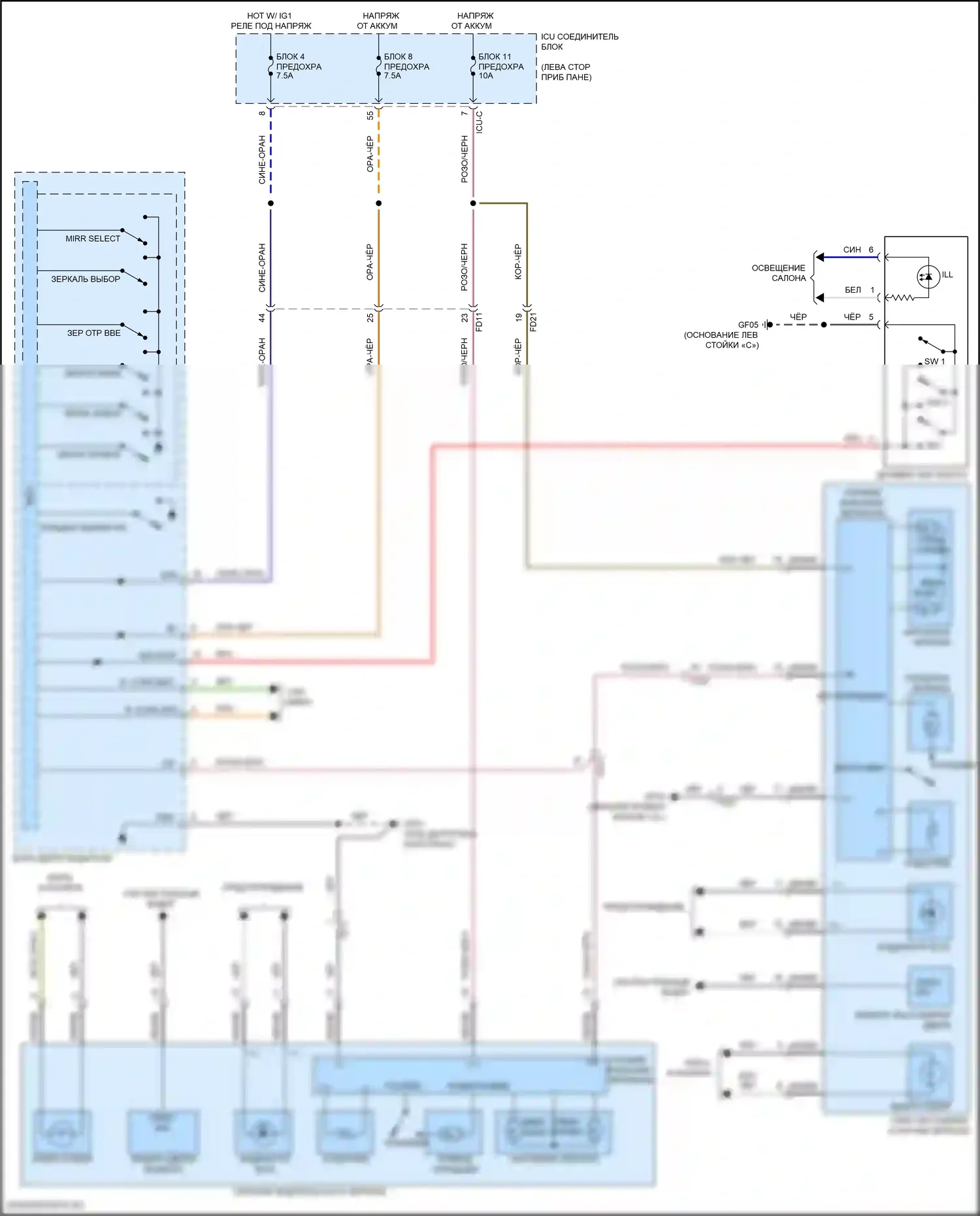 Telluride Kia I рестайлинг (2022-2024): Электросхема зеркал памяти 
