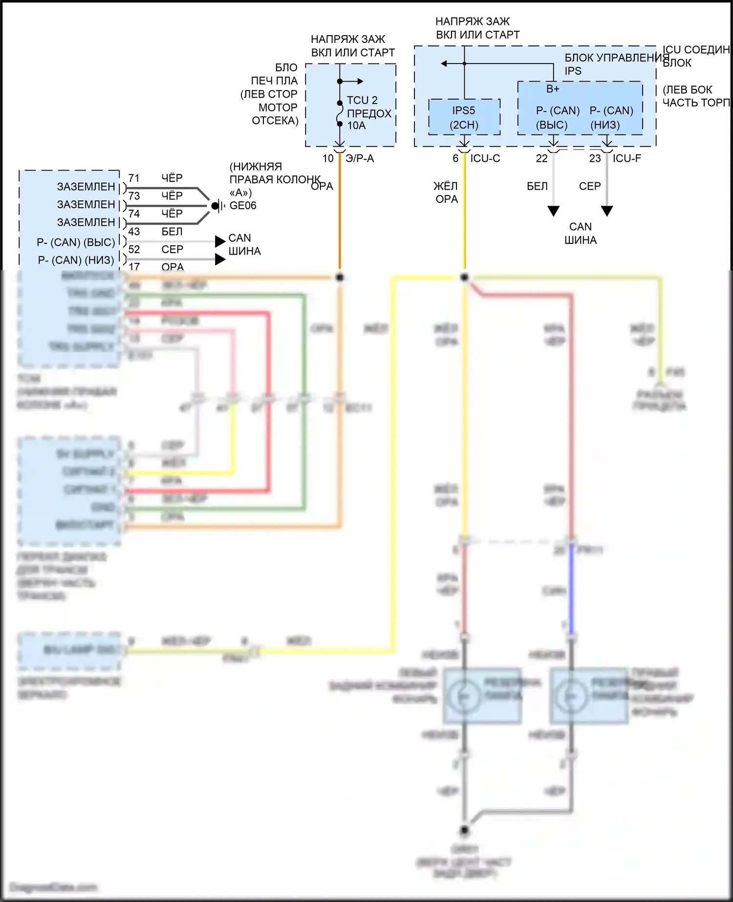 Telluride Kia I (2019-2022): Электросхема фонарей заднего хода 