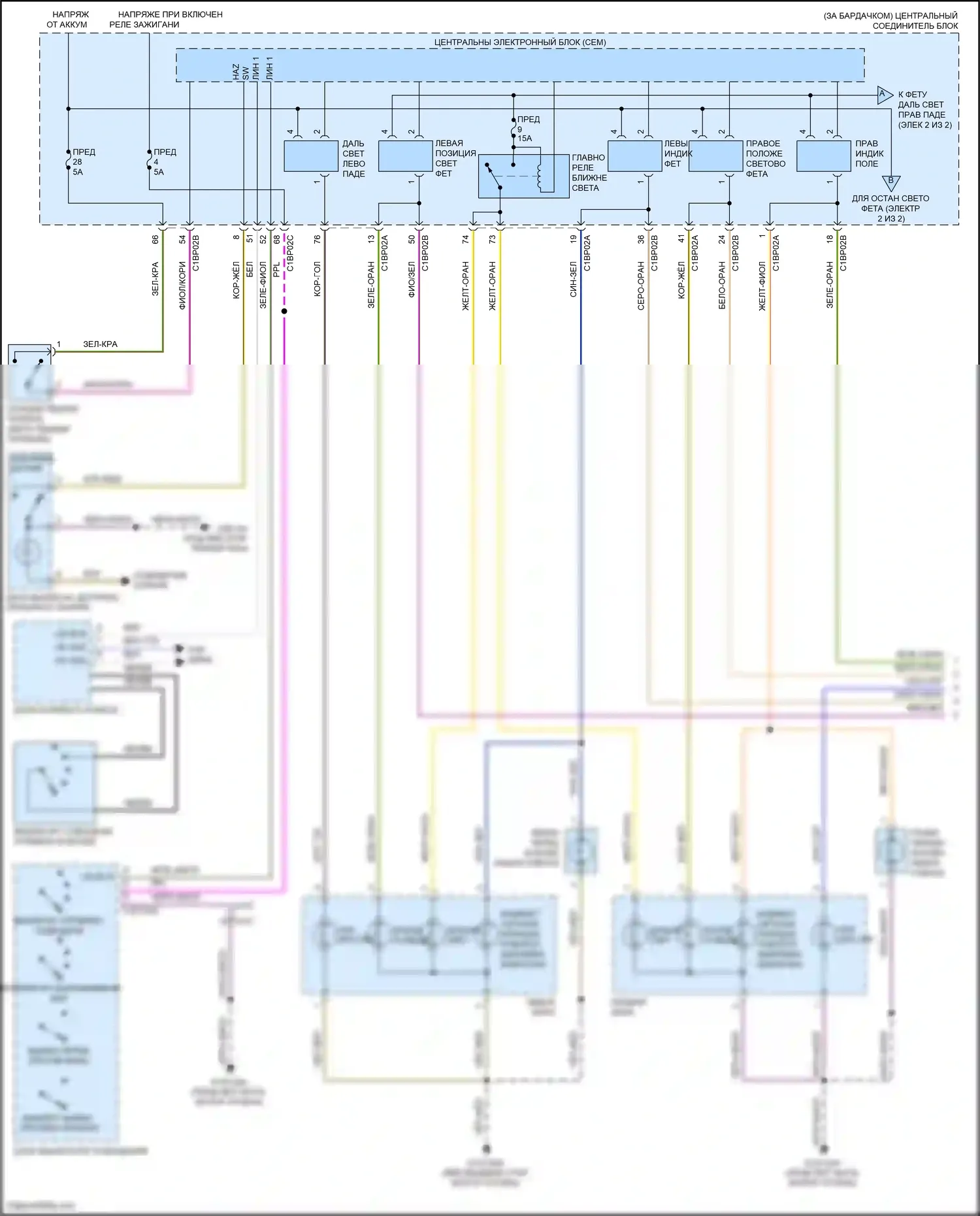 Freelander Land Rover II рестайлинг (2010-2012): Электросхема фар и фонарей и разъема прицепа (1 из 2) 