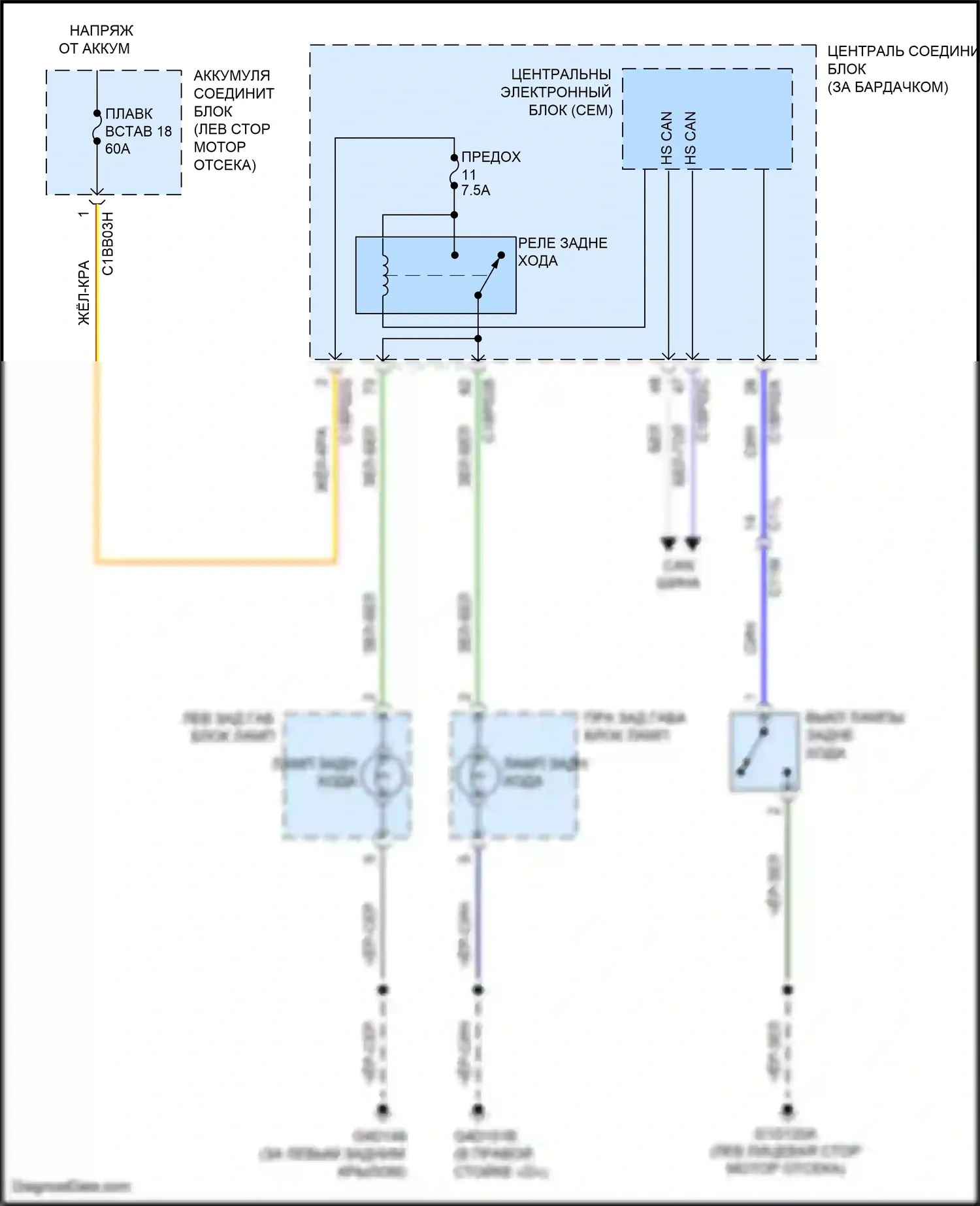 Freelander Land Rover II рестайлинг (2010-2012): Электросхема фонарей заднего хода 