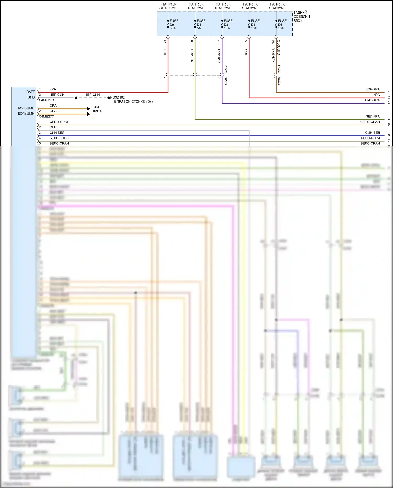 Freelander Land Rover II рестайлинг (2010-2012): Электросхема магнитолы, высокая линия (1 из 3) 