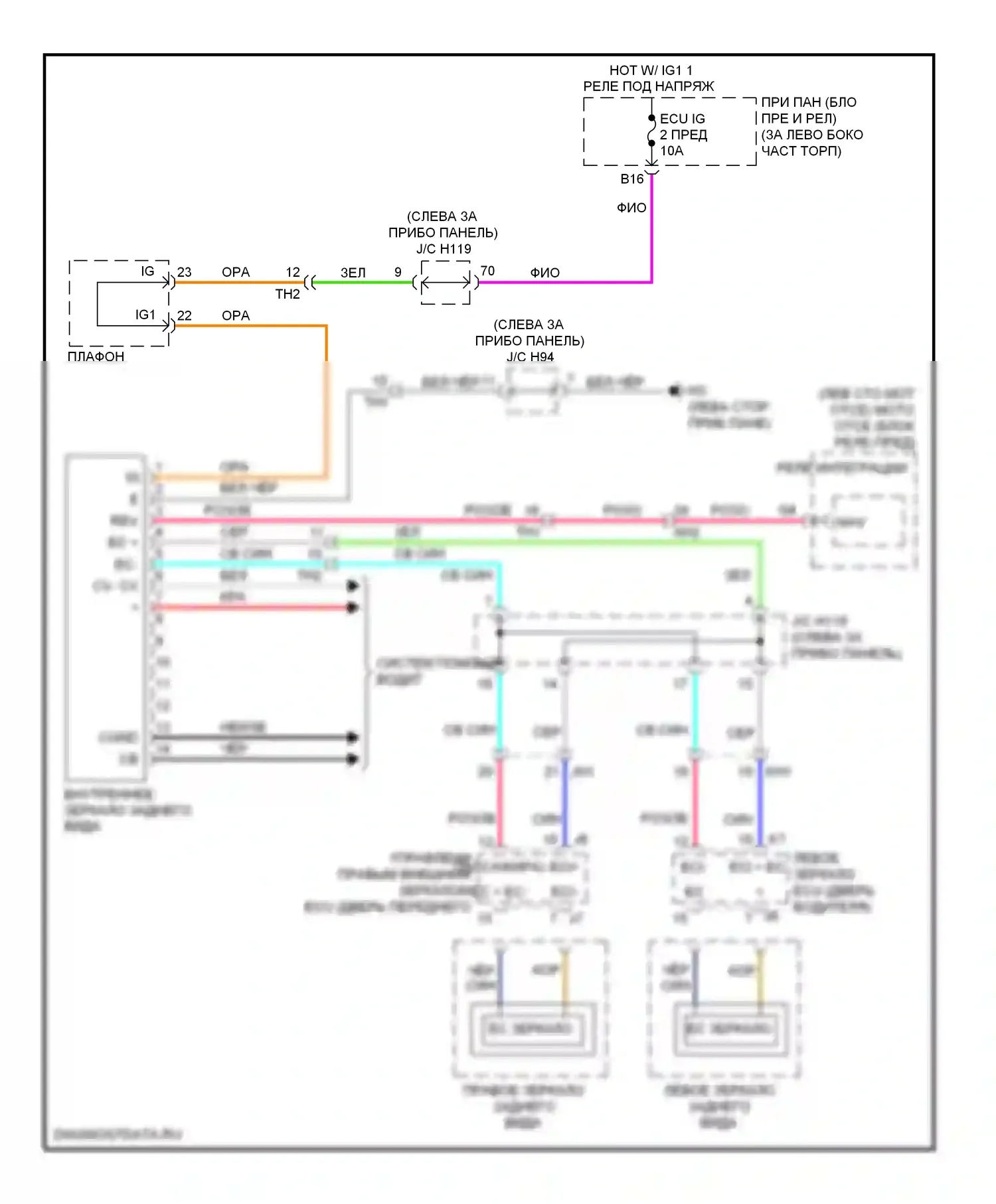 CT Lexus I (2010-2014): Электросхема электрохромного зеркала, с парковочным помощником 