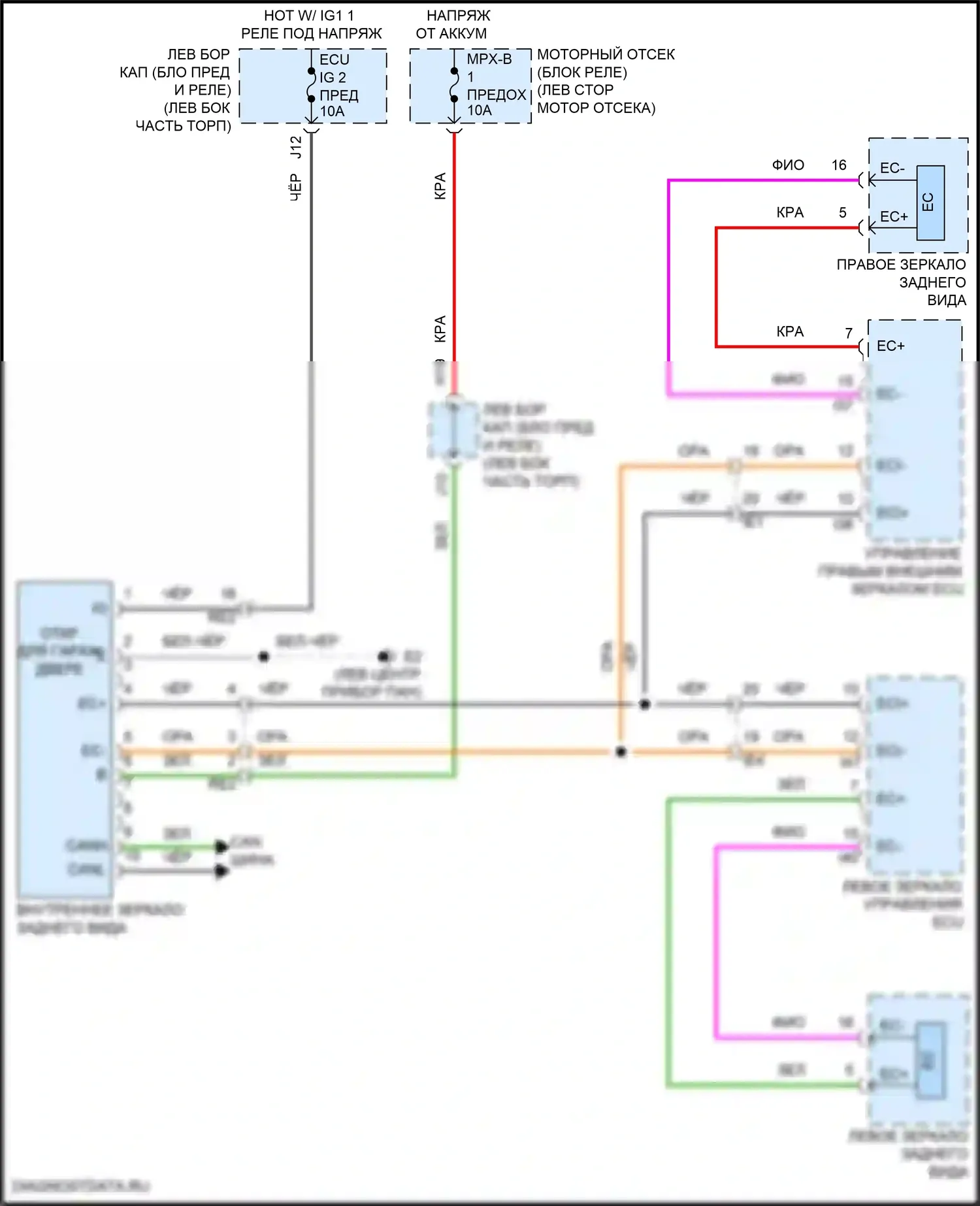 LX Lexus J200 рестайлинг 2 (2015-2023): Электросхема управления зеркалами заднего вида 