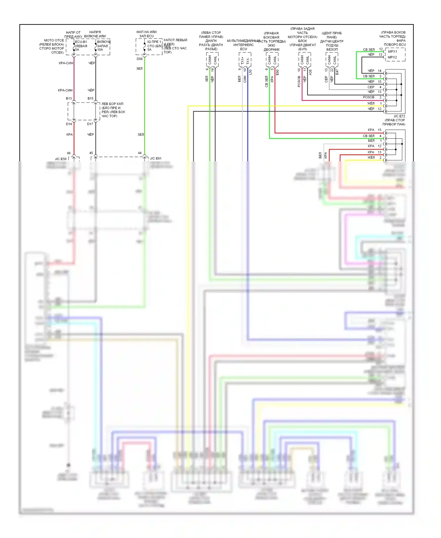 LX Lexus J200 (2007-2012): Электросхема шины высокого/низкого уровня (1 из 2) 