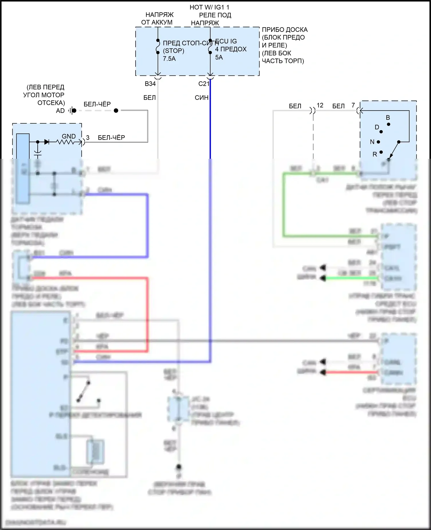 NX Lexus Z10 рестайлинг (2017-2021): Электросхема блокировки селектора 