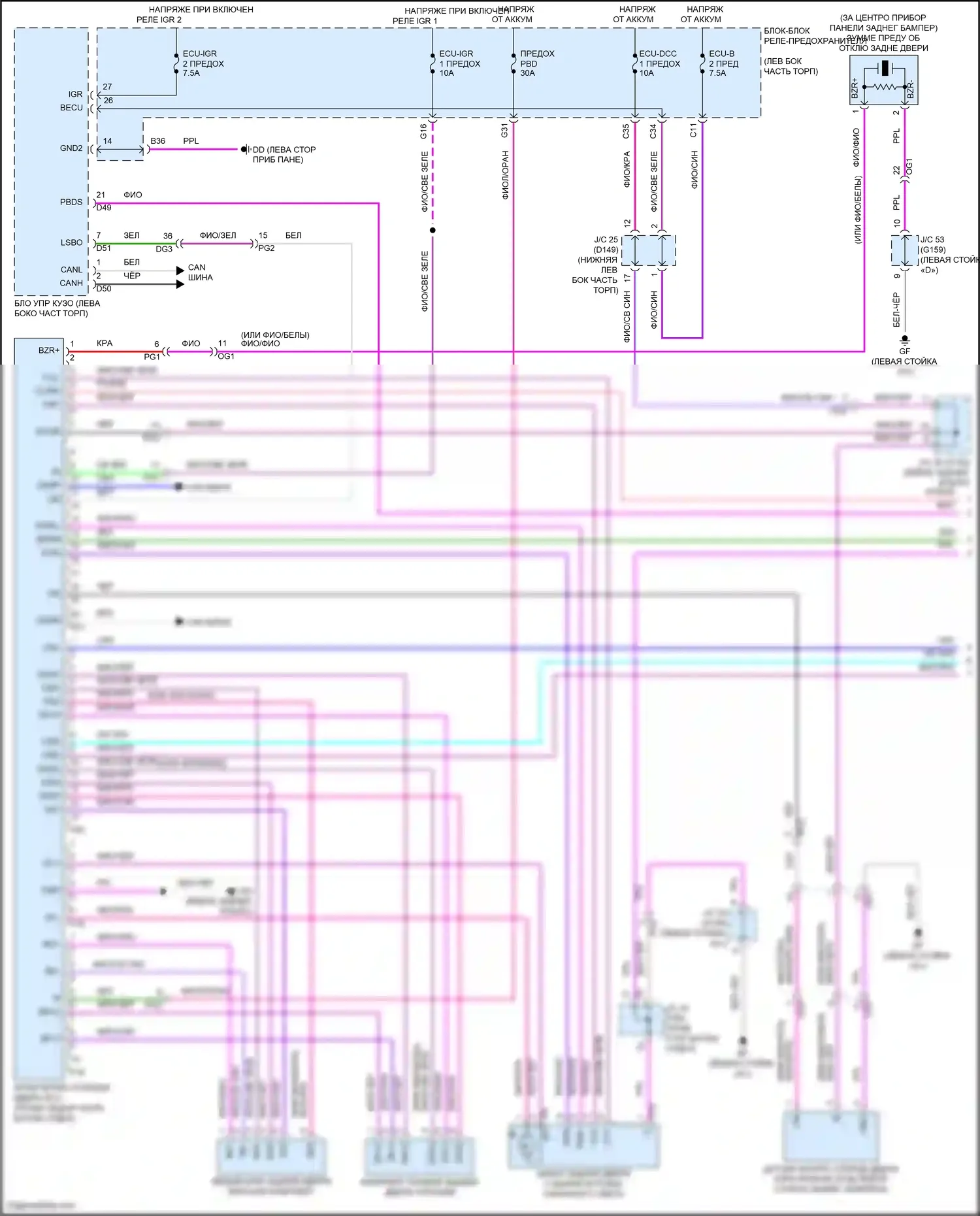 NX Lexus Z10 (2014-2017): Электросхема электромеханического замка задней двери с задней дверью (1 из 2) 