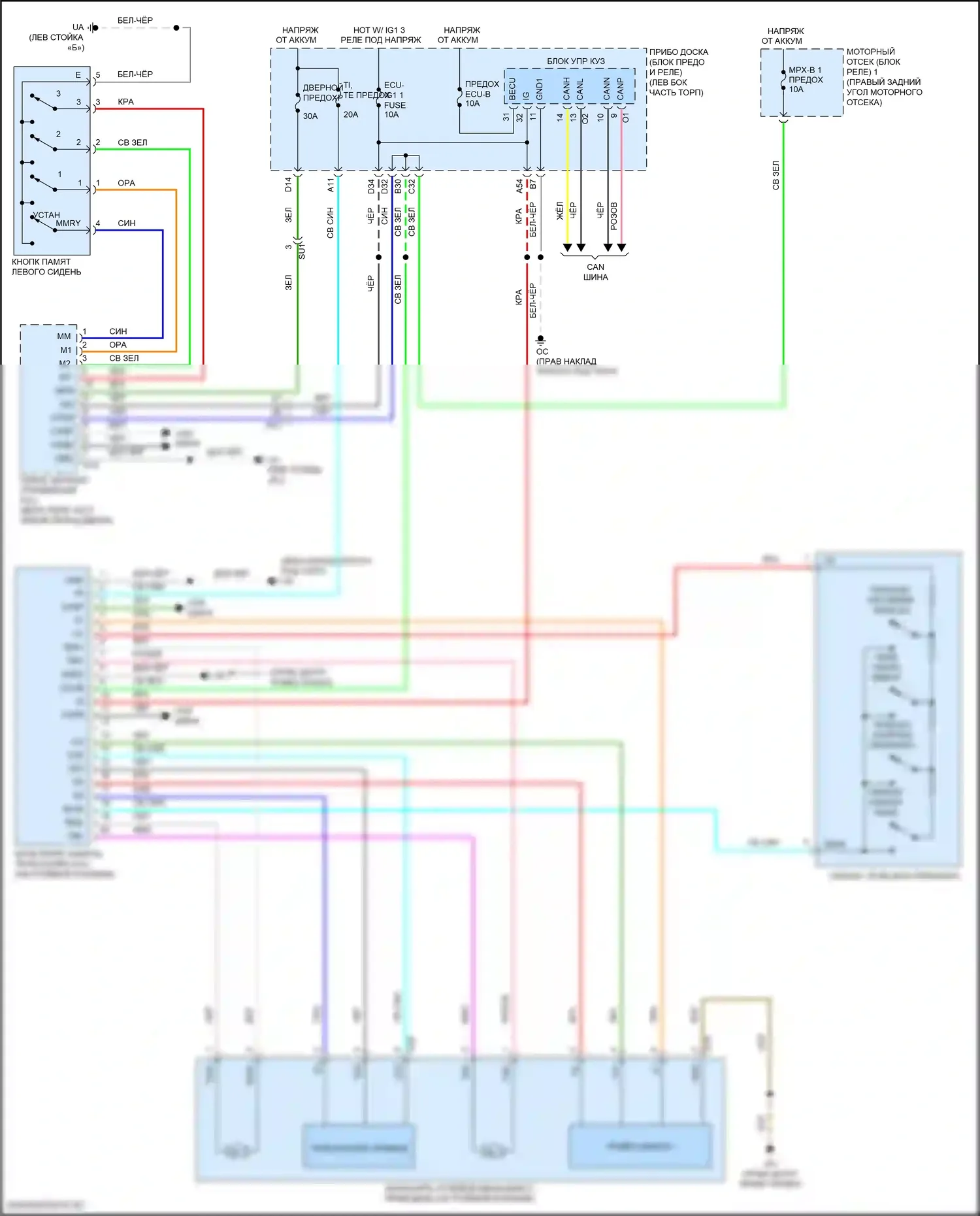 RC Lexus I рестайлинг (2018-2024): Электросхема наклона питания памяти и телескопического подключения питания 
