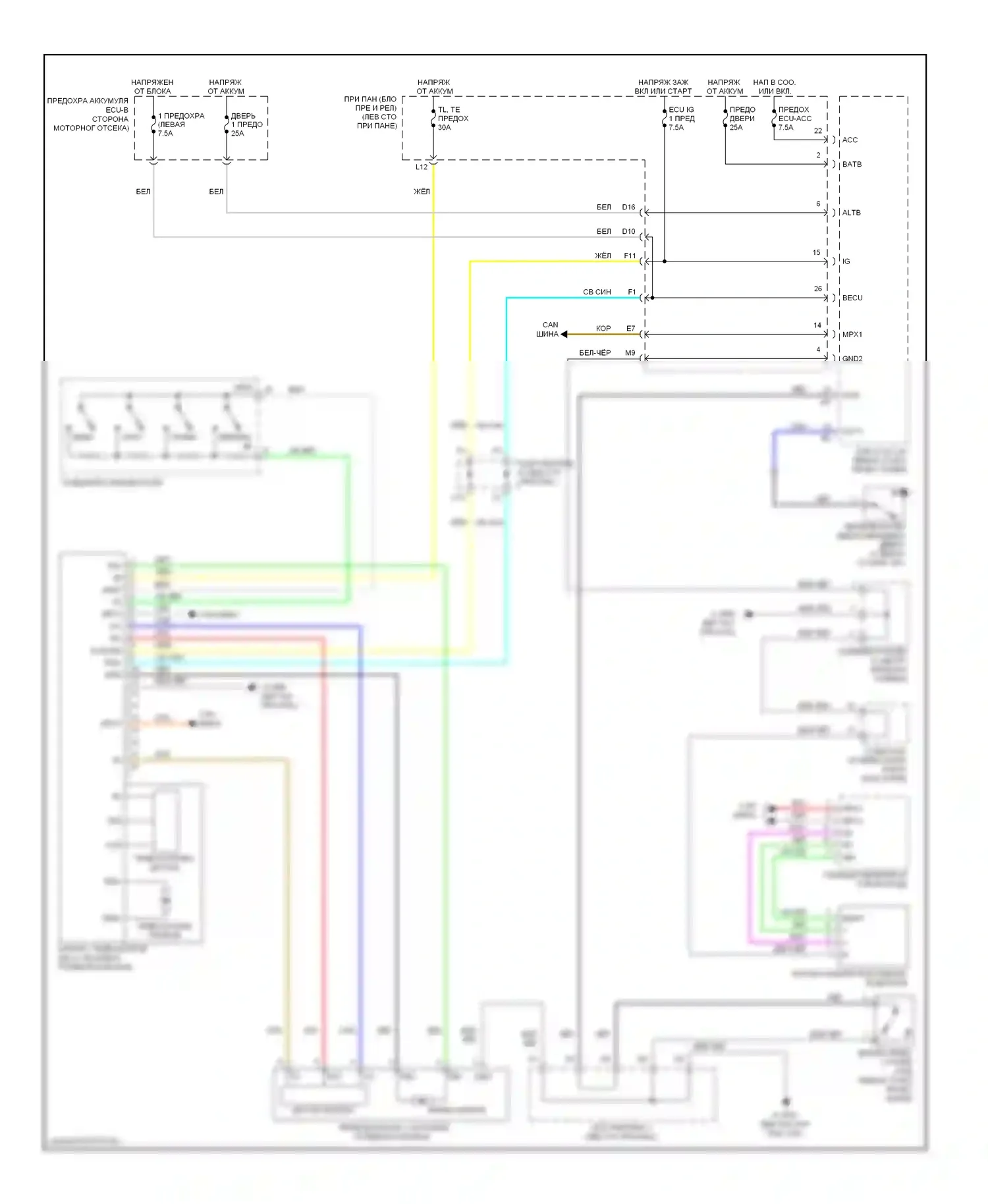 RX Lexus II рестайлинг (2006-2009): Электросхема наклона питания памяти и телескопического подключения питания 