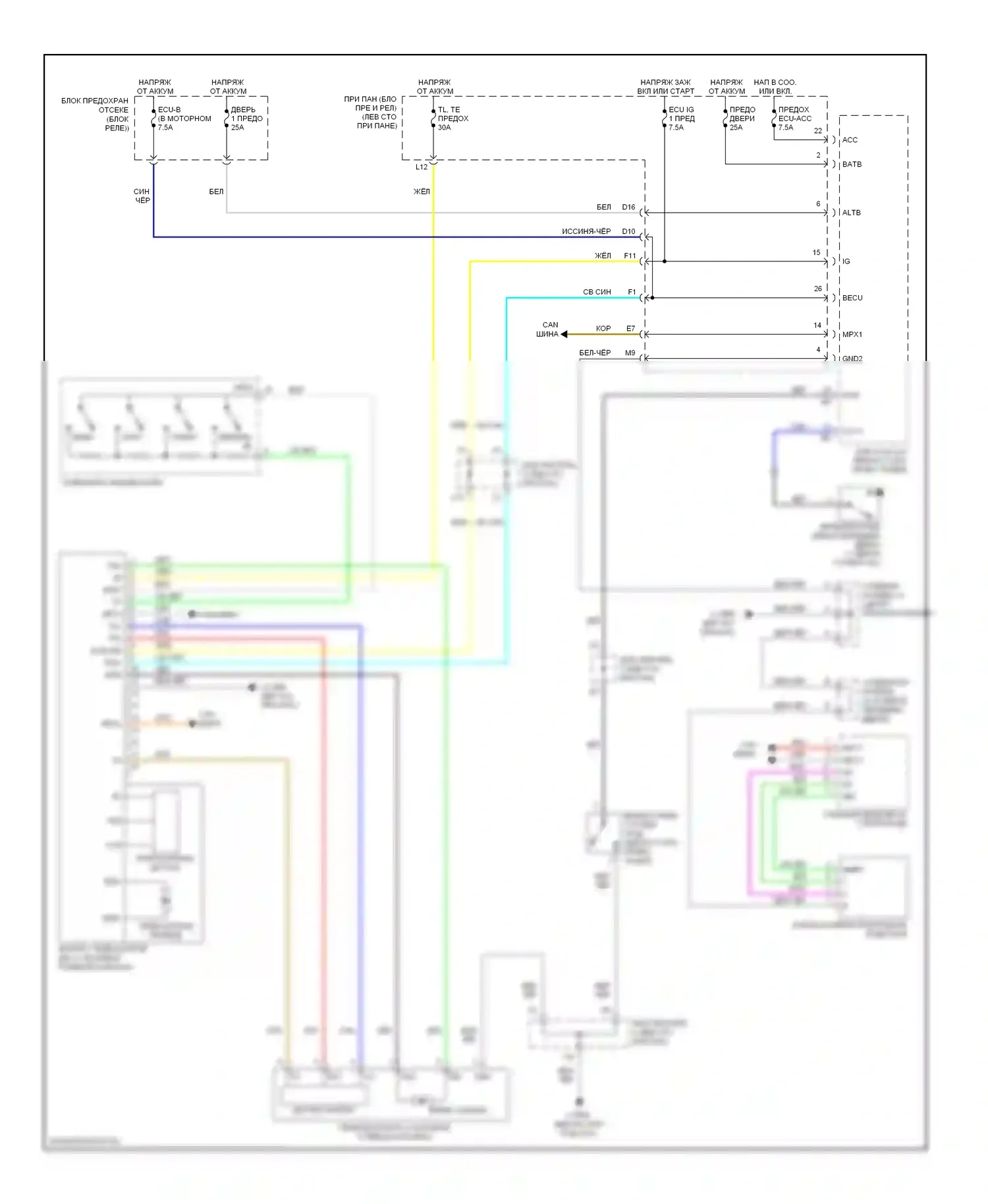 RX Lexus II (2003-2006): Электросхема наклона питания памяти и телескопического подключения питания 