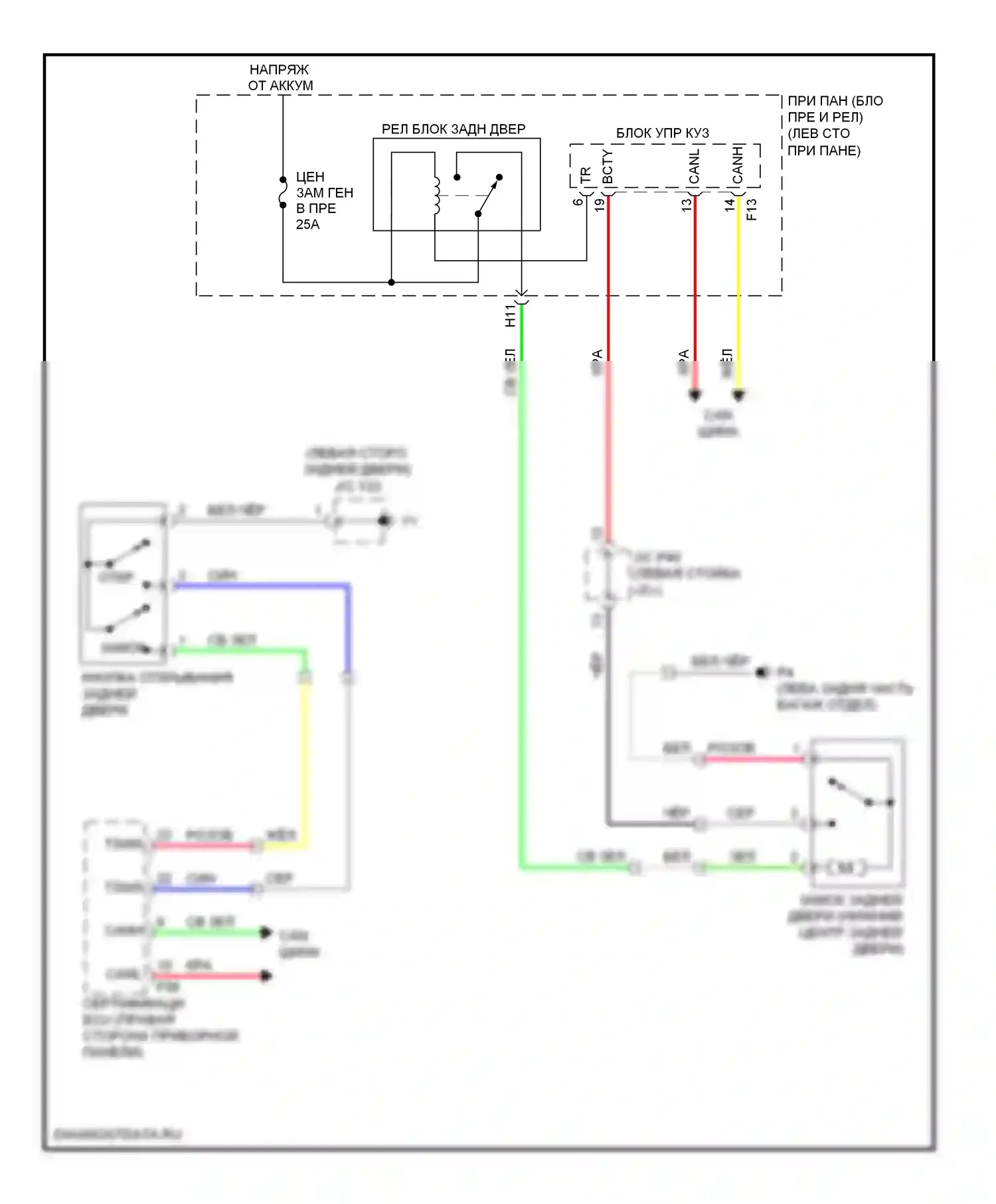RX Lexus III (2008-2012): Электросхема открывателя задней двери, без задней двери питания 