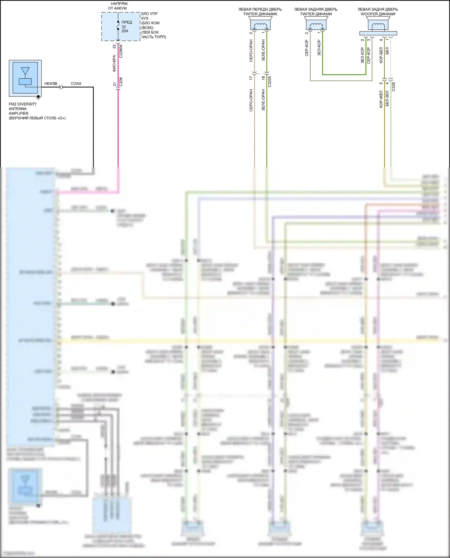 Aviator Lincoln II (2019-2024): Электросхема магнитолы, 28 динамиков (1 из 6) 