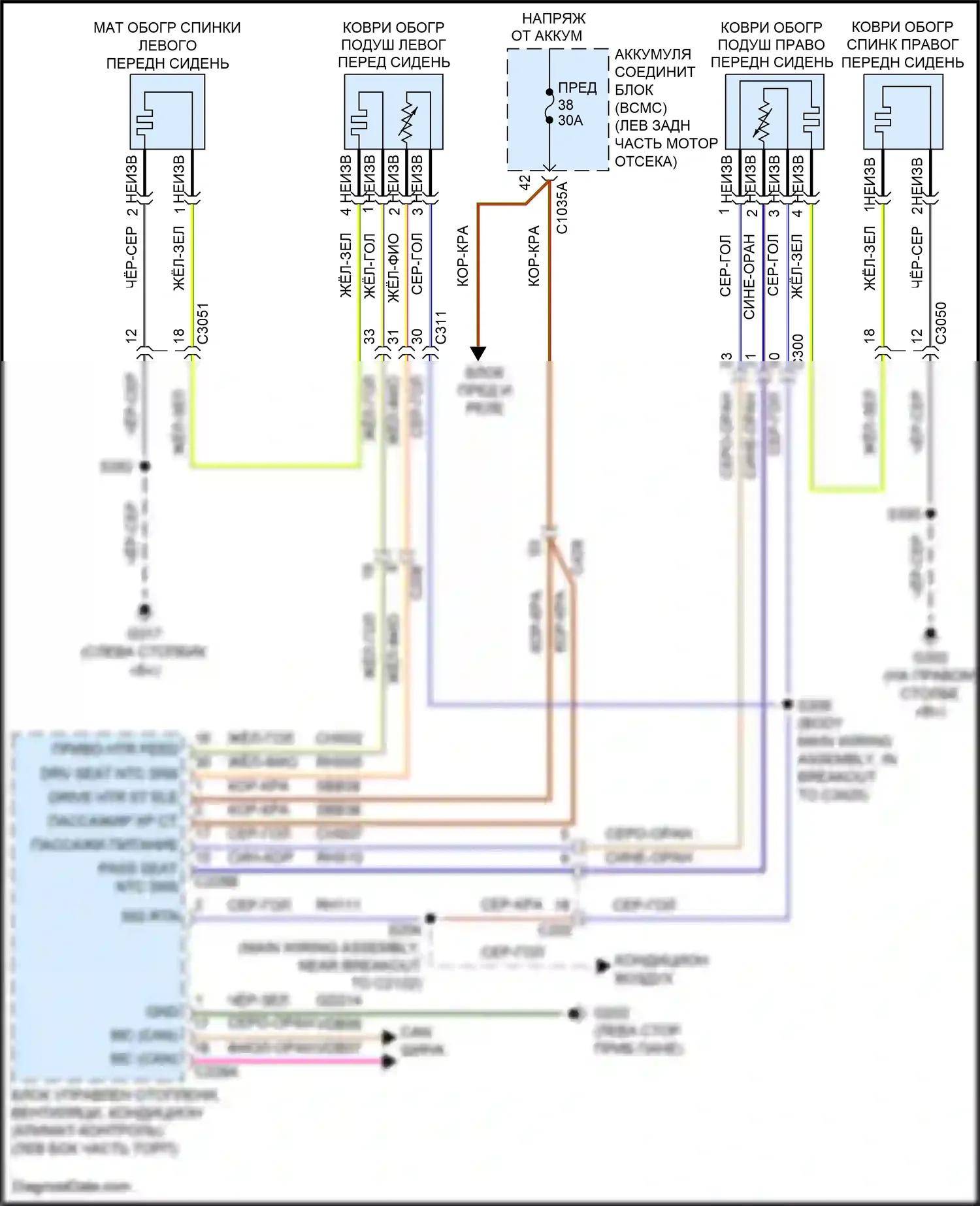Aviator Lincoln II (2019-2024): Электросхема передних обогреваемых сидений, без вентиляции 
