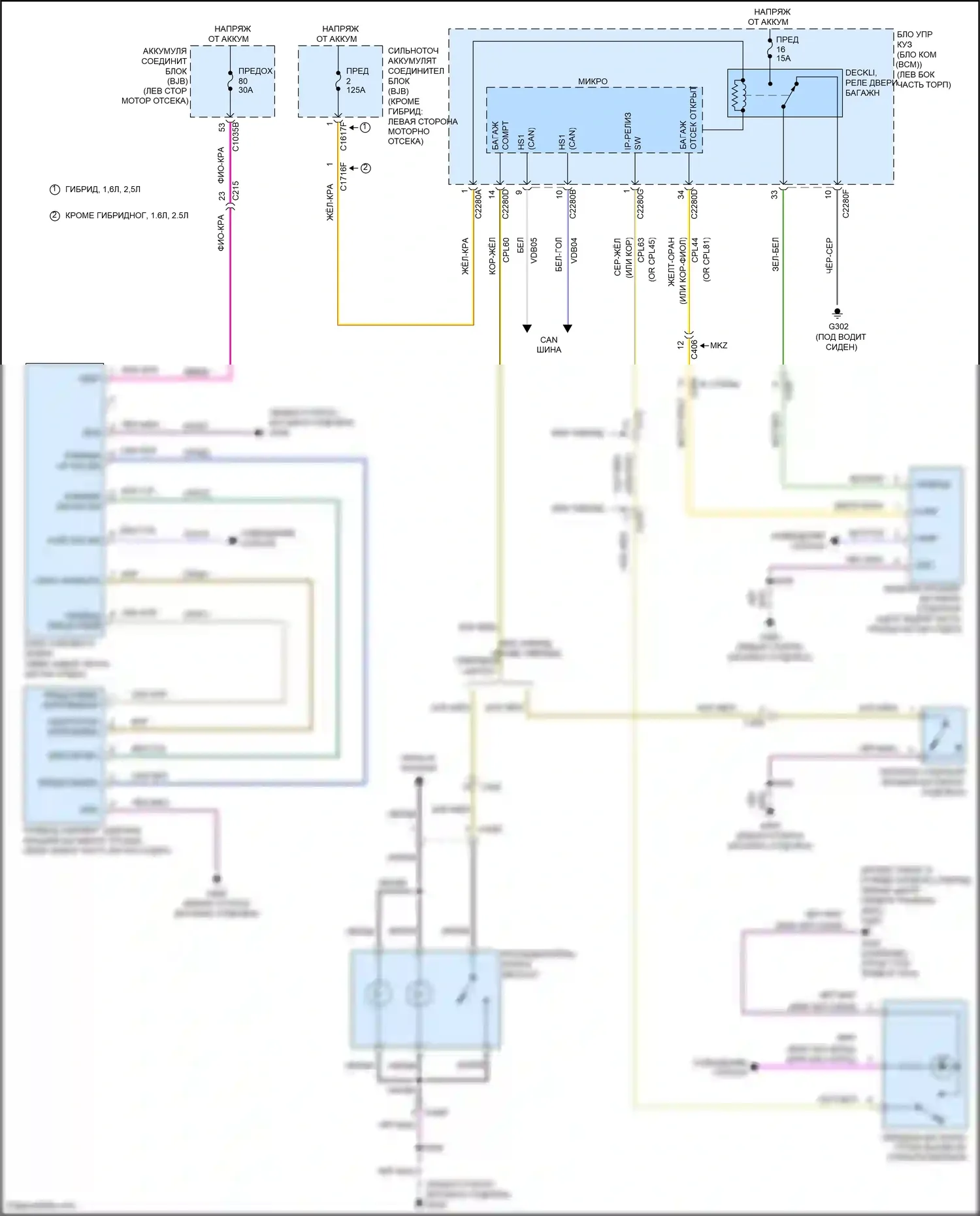 MKZ Lincoln II (2012-2016): Электросхема расцепителя багажника, без платы питания 