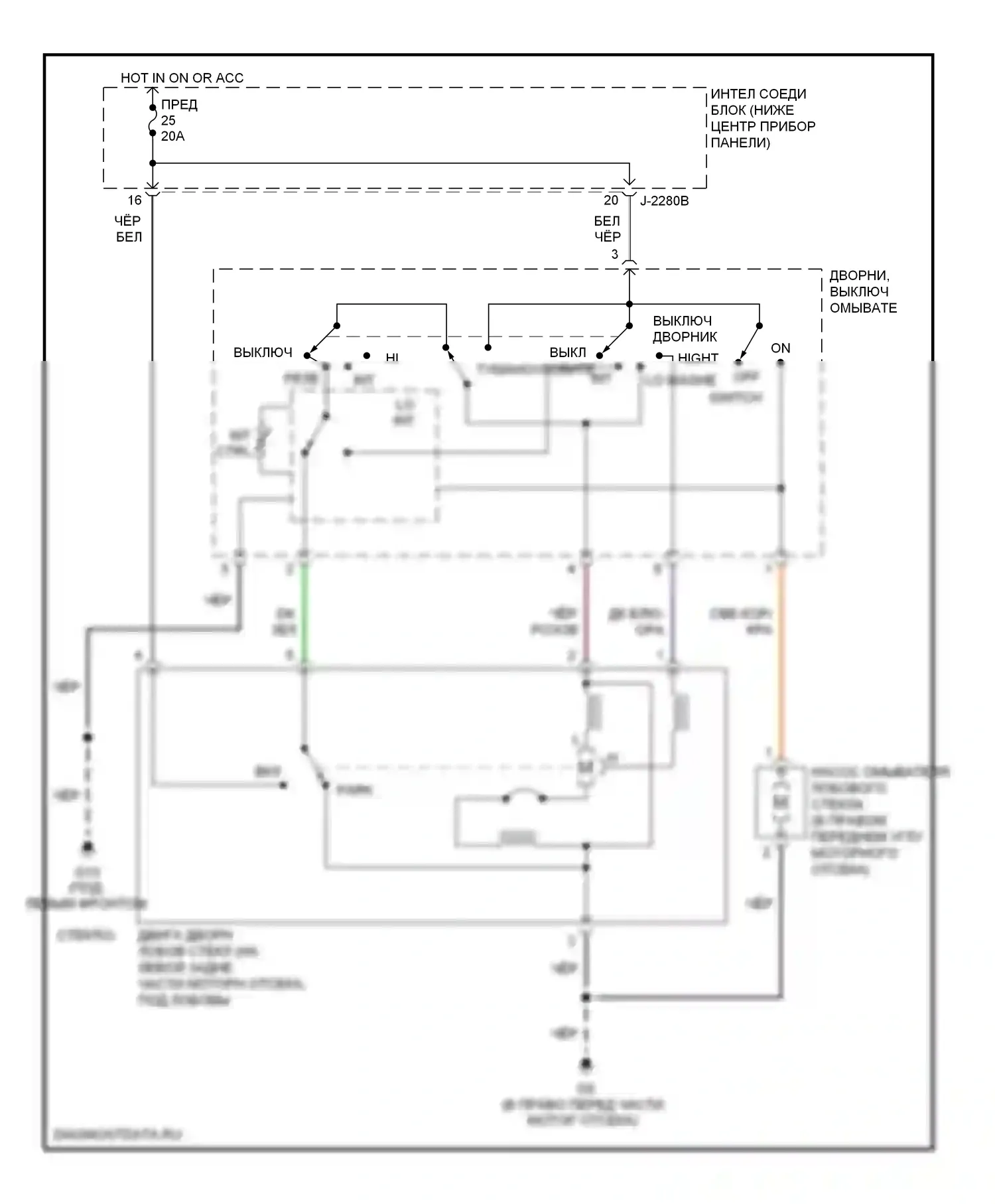 Tribute Mazda I рестайлинг (2004-2007): Электросхема передних дворников и омывателей 