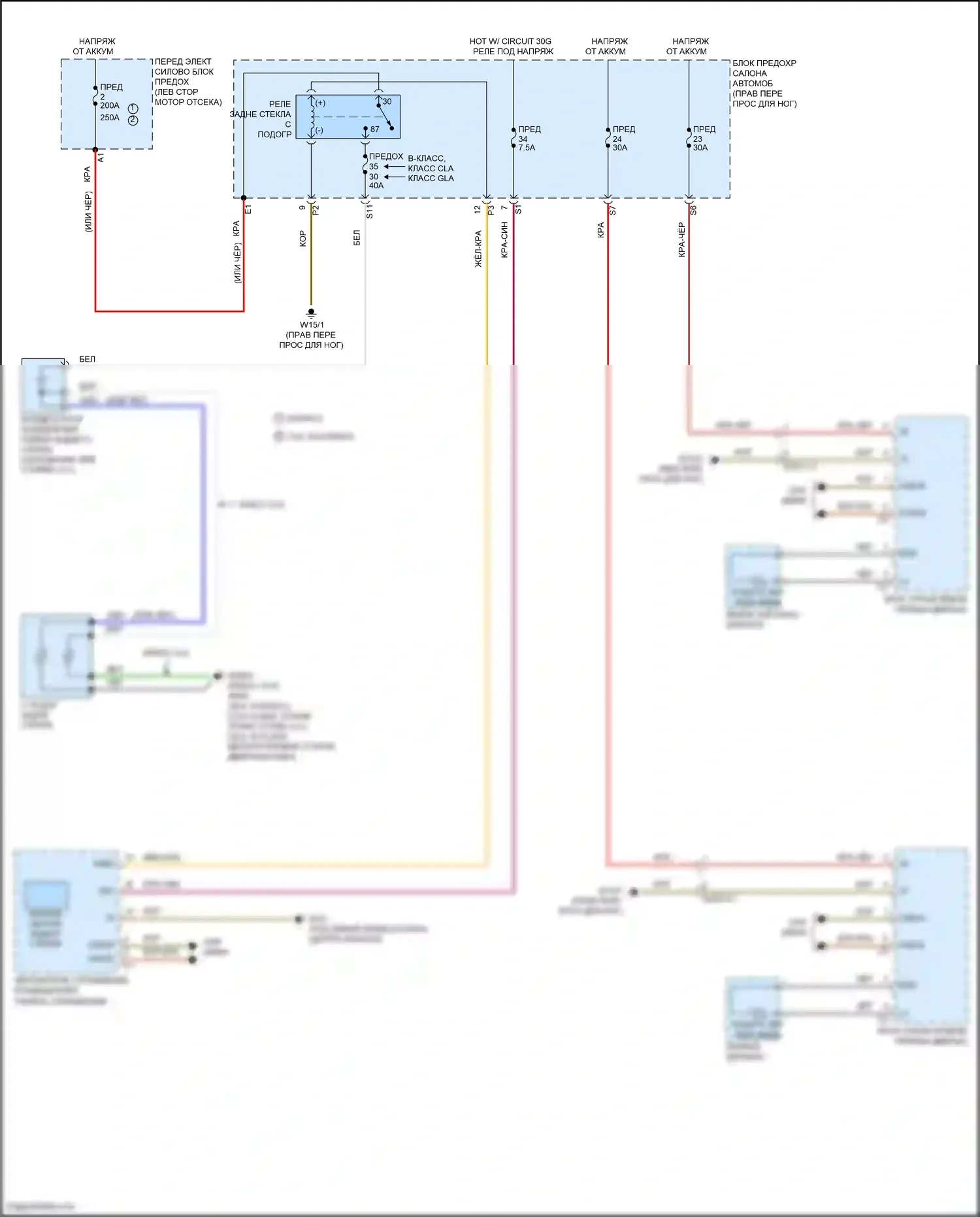 B-класс Mercedes-Benz W246 рестайлинг (2014-2018): Электросхема зеркального нагревателя и заднего подогрева 