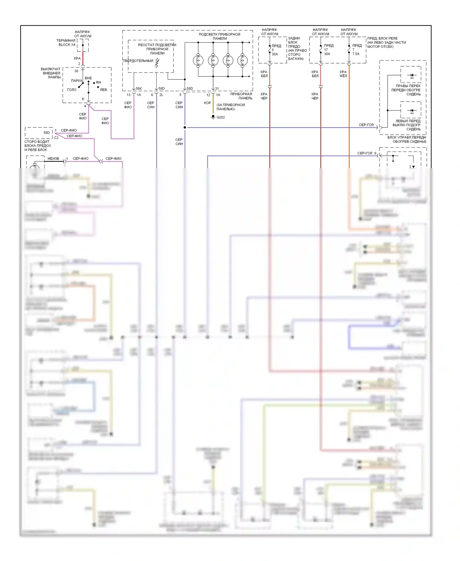 C-класс Mercedes-Benz W202 рестайлинг (1997-2001): Электросхема подсветки приборной панели 