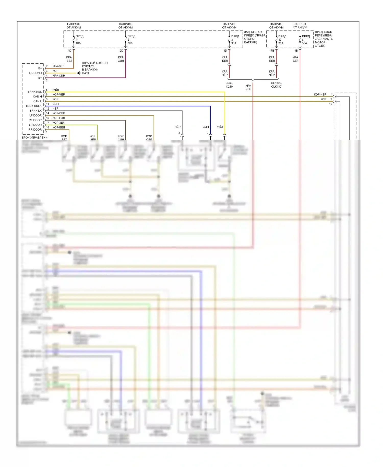 C-класс Mercedes-Benz W202 рестайлинг (1997-2001): Электросхема замка силовой двери 