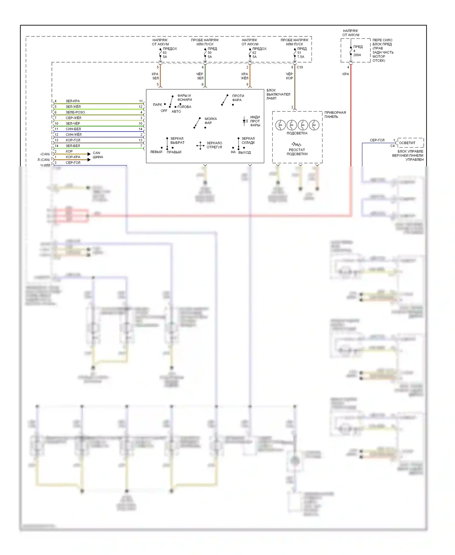 C-класс Mercedes-Benz W203/S203/CL203 (2000-2004): Электросхема подсветки приборной панели 