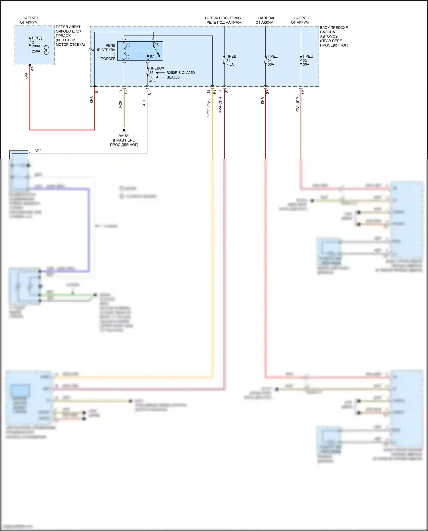 CLA-класс Mercedes-Benz C117/X117 рестайлинг (2016-2019): Электросхема зеркального нагревателя и заднего подогрева 