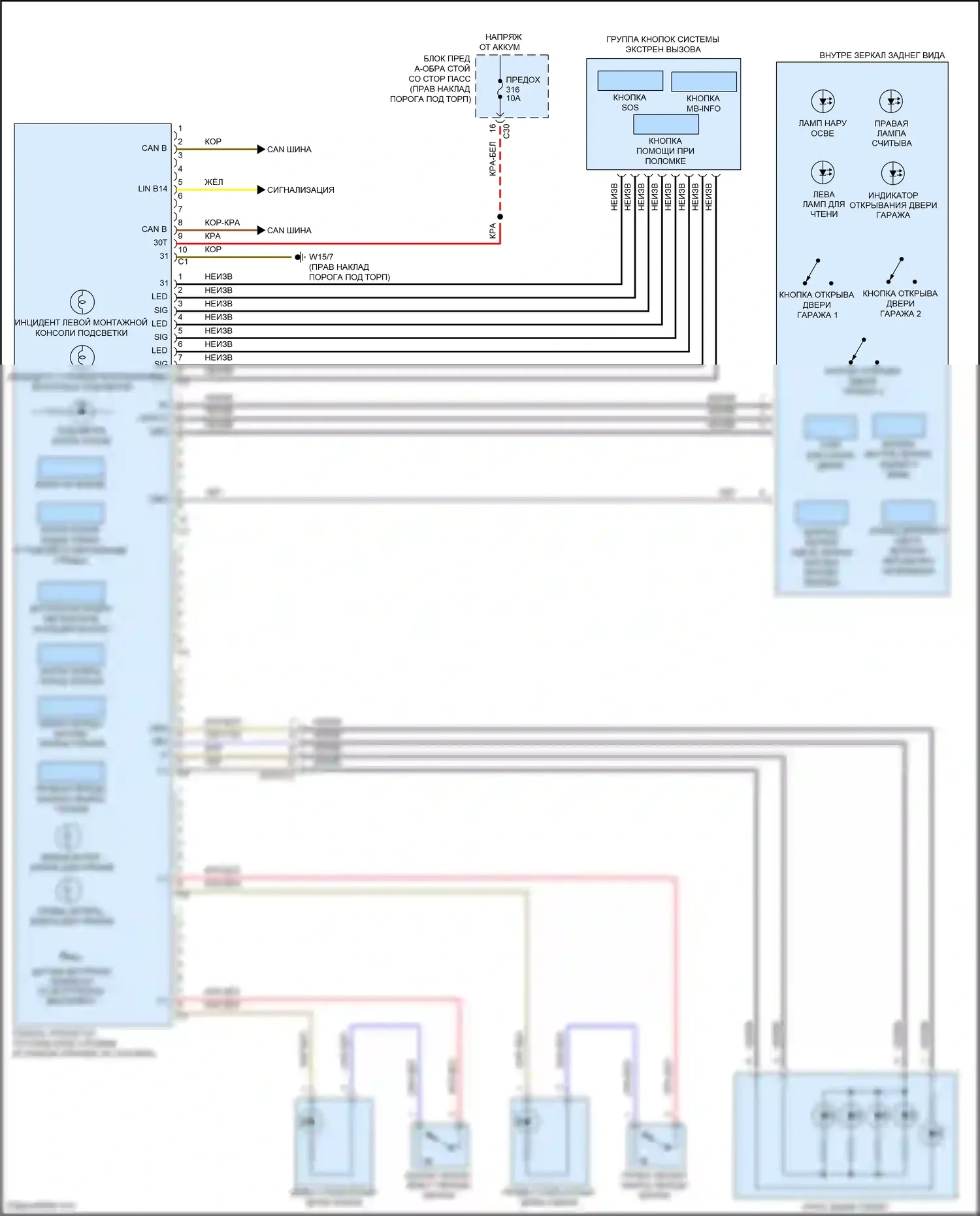 E-класс Mercedes-Benz W213/S213/C238/A238 (2016-2021): Электросхема потолочного пульта, кабриолет 